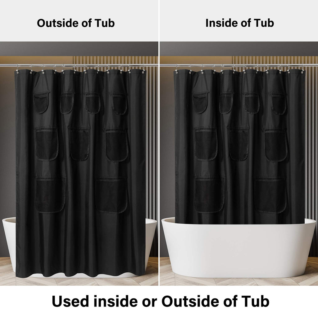 N&Y HOME Waterproof Fabric Shower Curtain or Liner with 9 Mesh Pockets - Black, 71x72 Inches