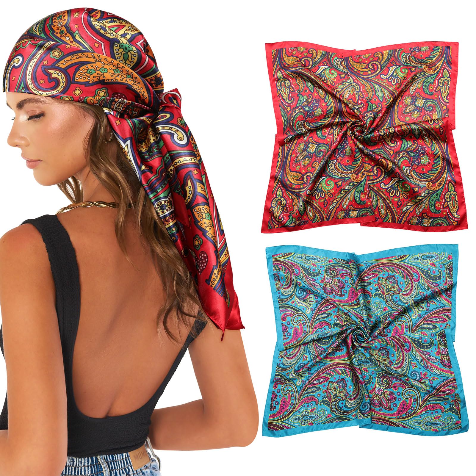 AWAYTR 35” Large Satin Square Head Scarf - 2Pcs Silk Like Floral Head Scarves Square Satin Hair Scarf Bandanas for Women