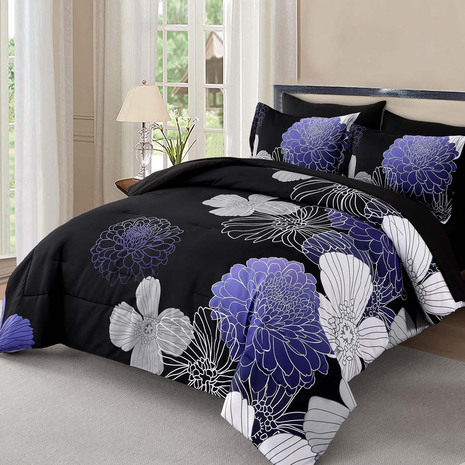 Yiran 7 Pieces Bed in a Bag Blue Floral Comforter Set Queen Size Flowers Comforter Set Soft Microfiber Bedding Set (1 Comforter 1 Flat Sheet 1 Fitted Sheet 2 Pillowshams 2 Pillowcases)