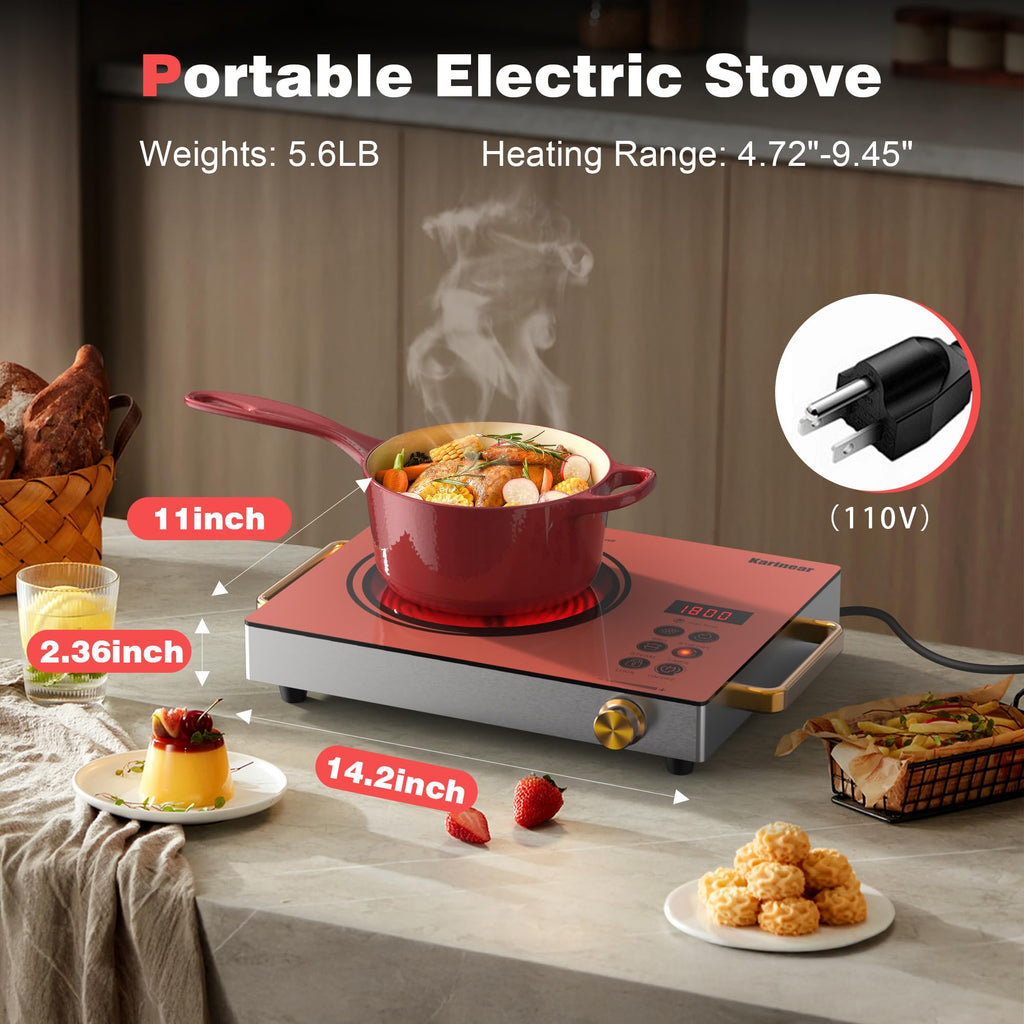 Karinear Portable Electric Stove 110V, 1800W Electric Hot Plate with Handle, Knob Control Single Burner Electri Cooktop, Ceramic Infrared Countertop Burner, Timer, Safety Lock(Green)