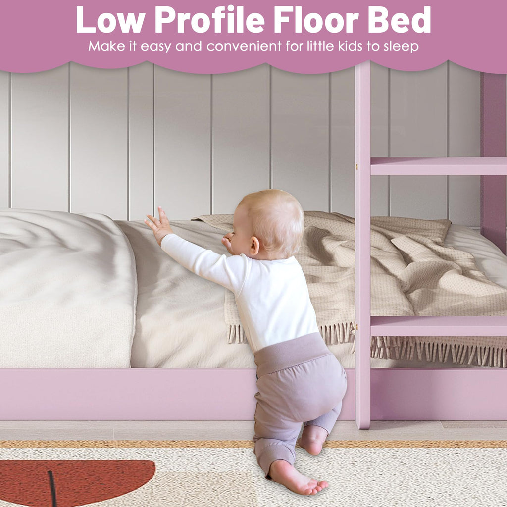 Bunk Bed Twin Over Twin, Wood Low Profile Floor Twin Bunk Beds with Headboard Ladder Guardrails for Kids Boys and Girls, No Box Spring Needed