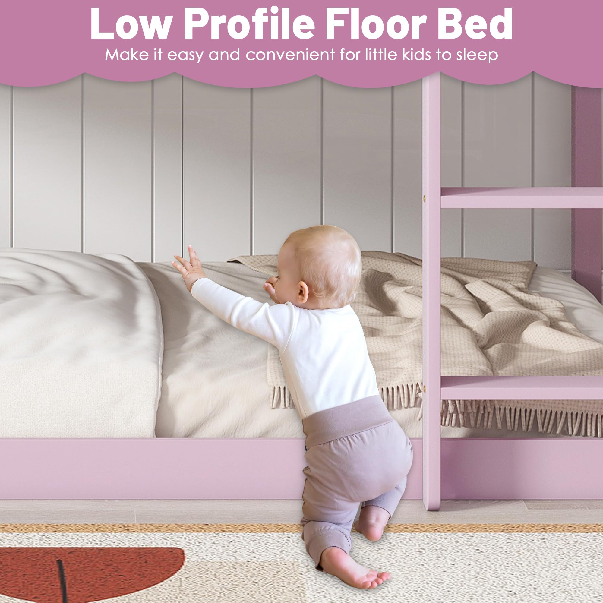 Bunk Bed Twin Over Twin, Wood Low Profile Floor Twin Bunk Beds with Headboard Ladder Guardrails for Kids Boys and Girls, No Box Spring Needed