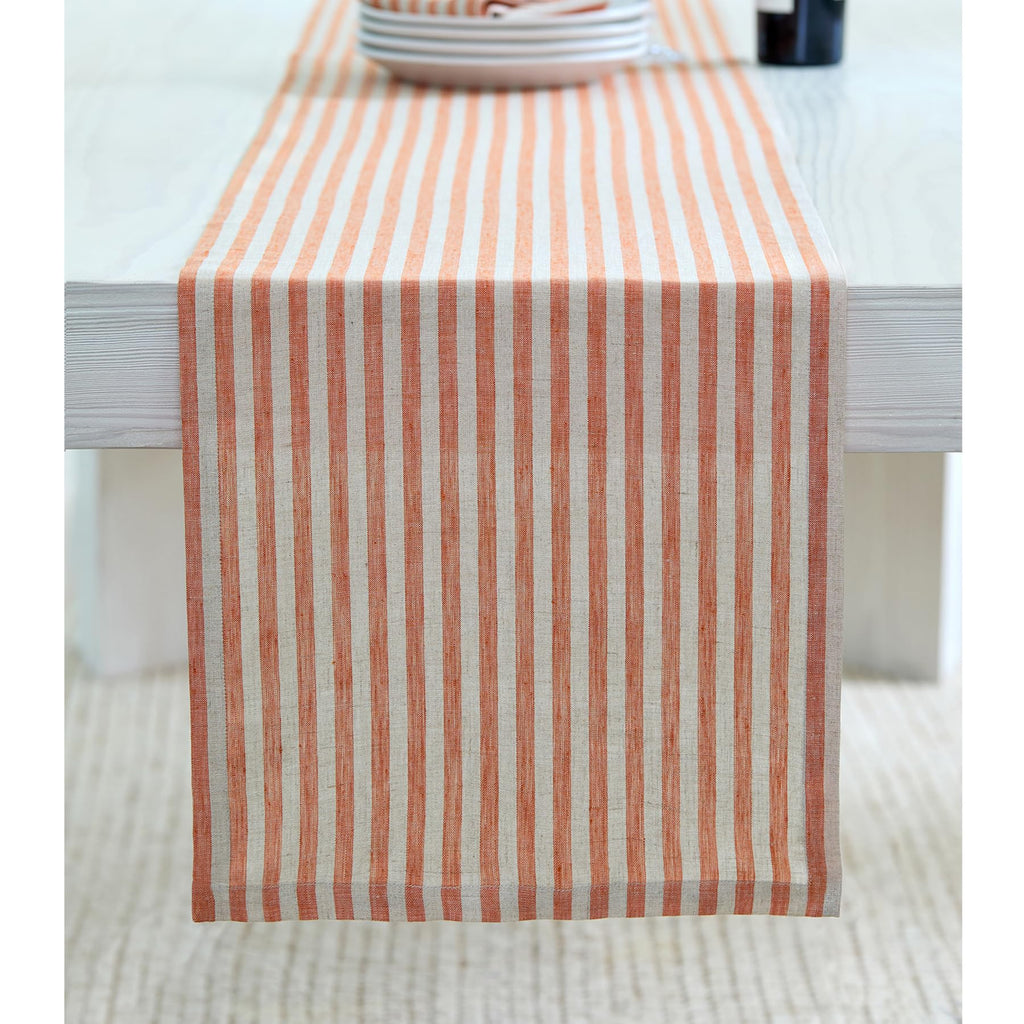 Solino Home Linen Table Runner 36 Inches - Amalfi Stripe 100% Pure Linen Natural and White Table Runner 14 x 36 Inch Ideal for Dresser and Coffee Tables - Summer