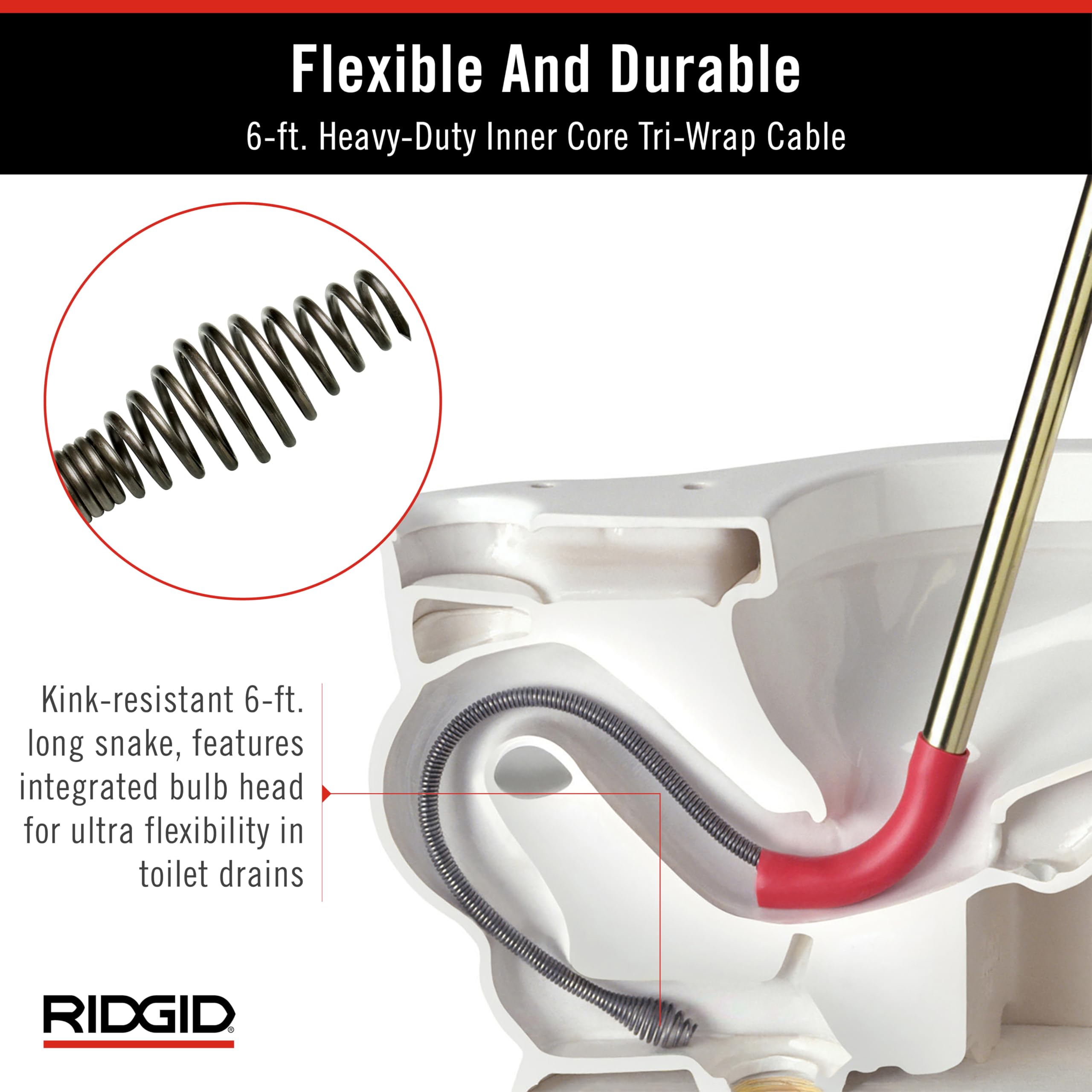 Closet Auger, 6 ft Cable Lg, 1/2 in Cable Dia, Power Drill Compatible, Bulb Head, Manual Cable Feed - 1 Each