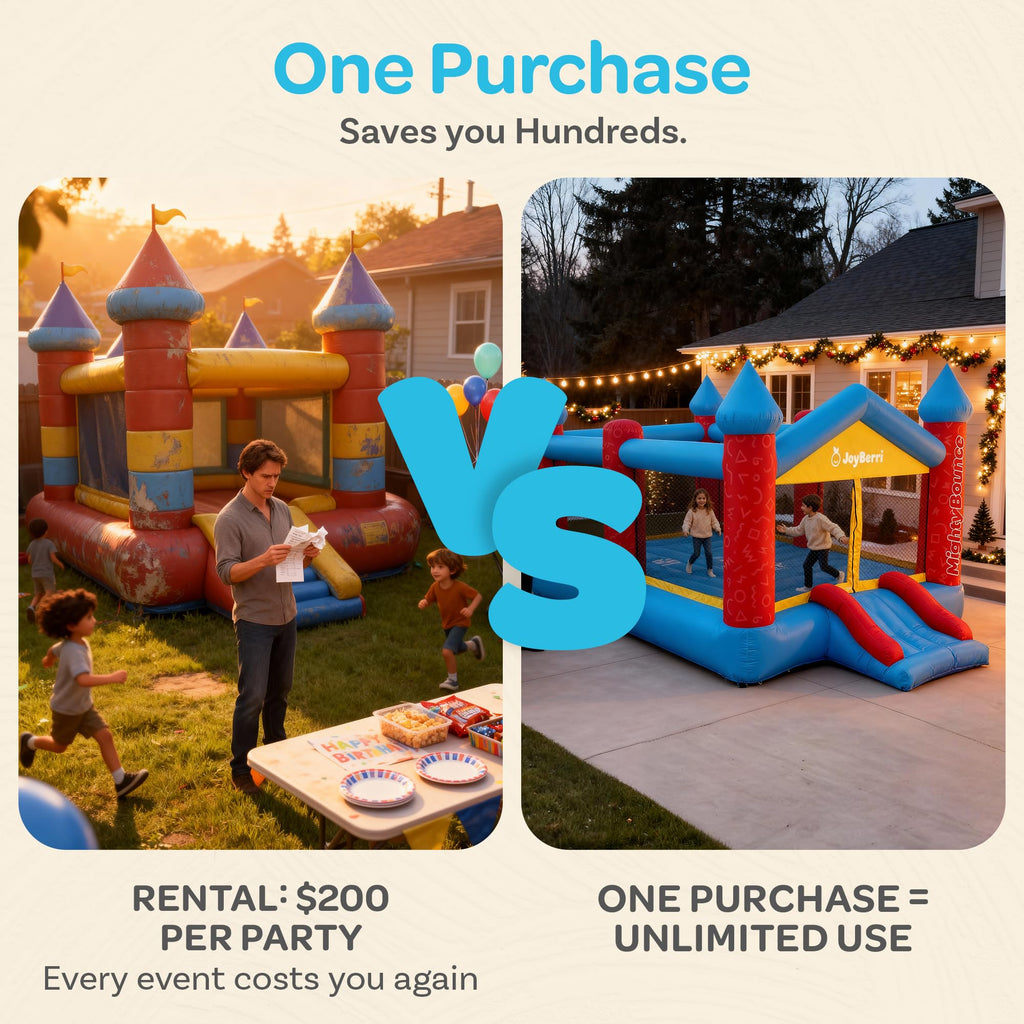 JoyBerri Mighty Bounce House with Blower -16.8' x8.9' Ft Extra Large Inflatable Bouncy Castle with Slide, Volleyball Net, Basketball Hoop — Kids Bounce House for Big Kids 5-12, Outdoor -ASTM Certified