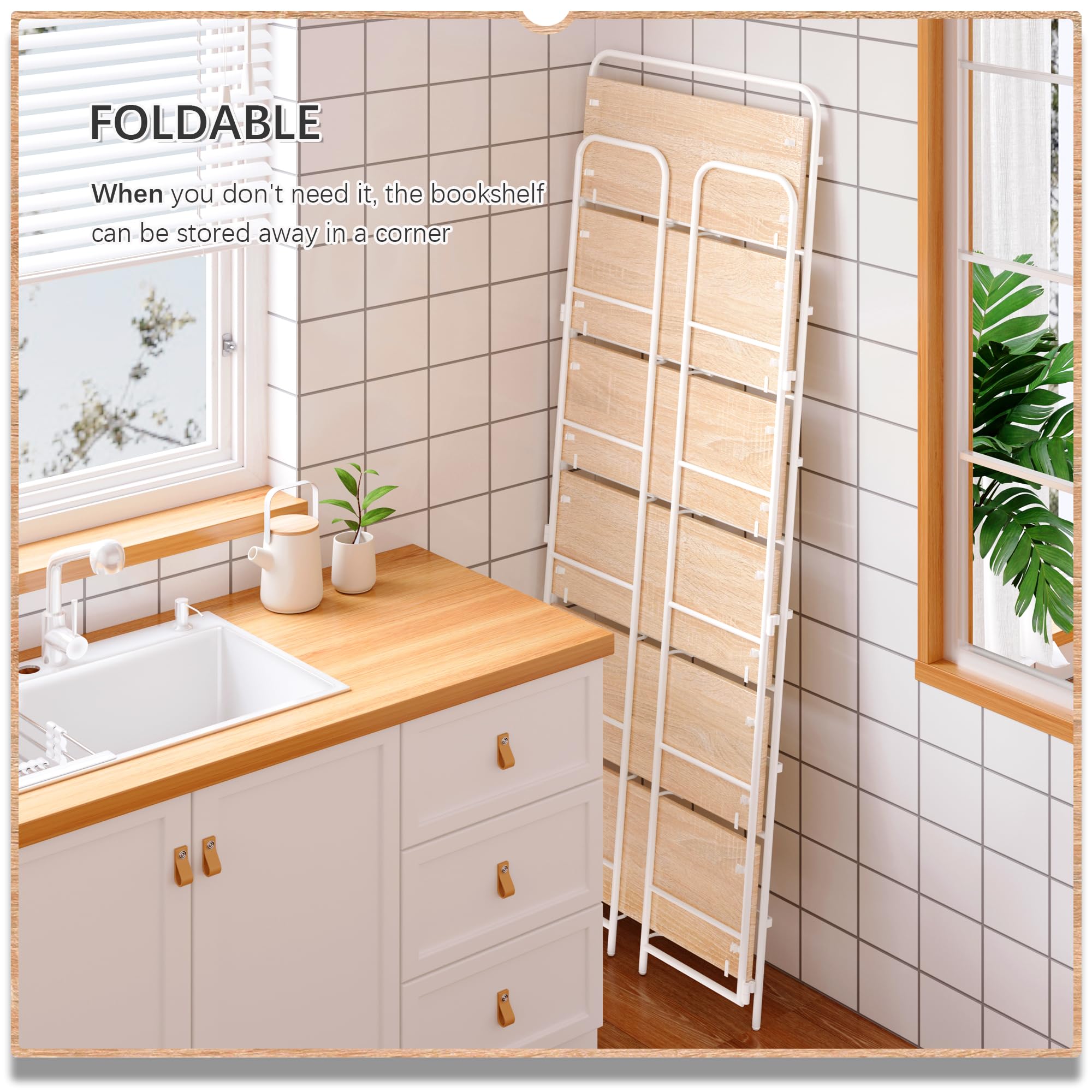 4NM No Assembly Folding Bookshelf, 3 Tiers Collapsible Book Shelves Open Industrial Foldable Storage Bookcase Shelf for Bedroom, Living Room, Home Office - Natural and White