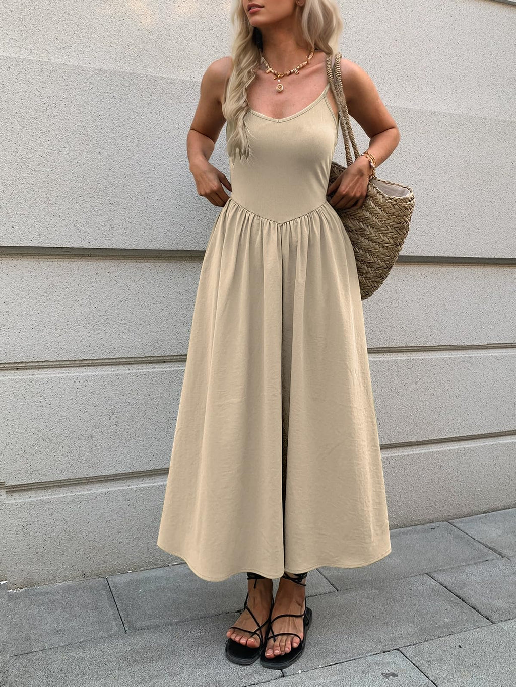 Mieazom Women’s Sleeveless V-Neck Maxi Dress with Pockets – Slim Fit Casual Summer Spaghetti Strap Dress for Vacation