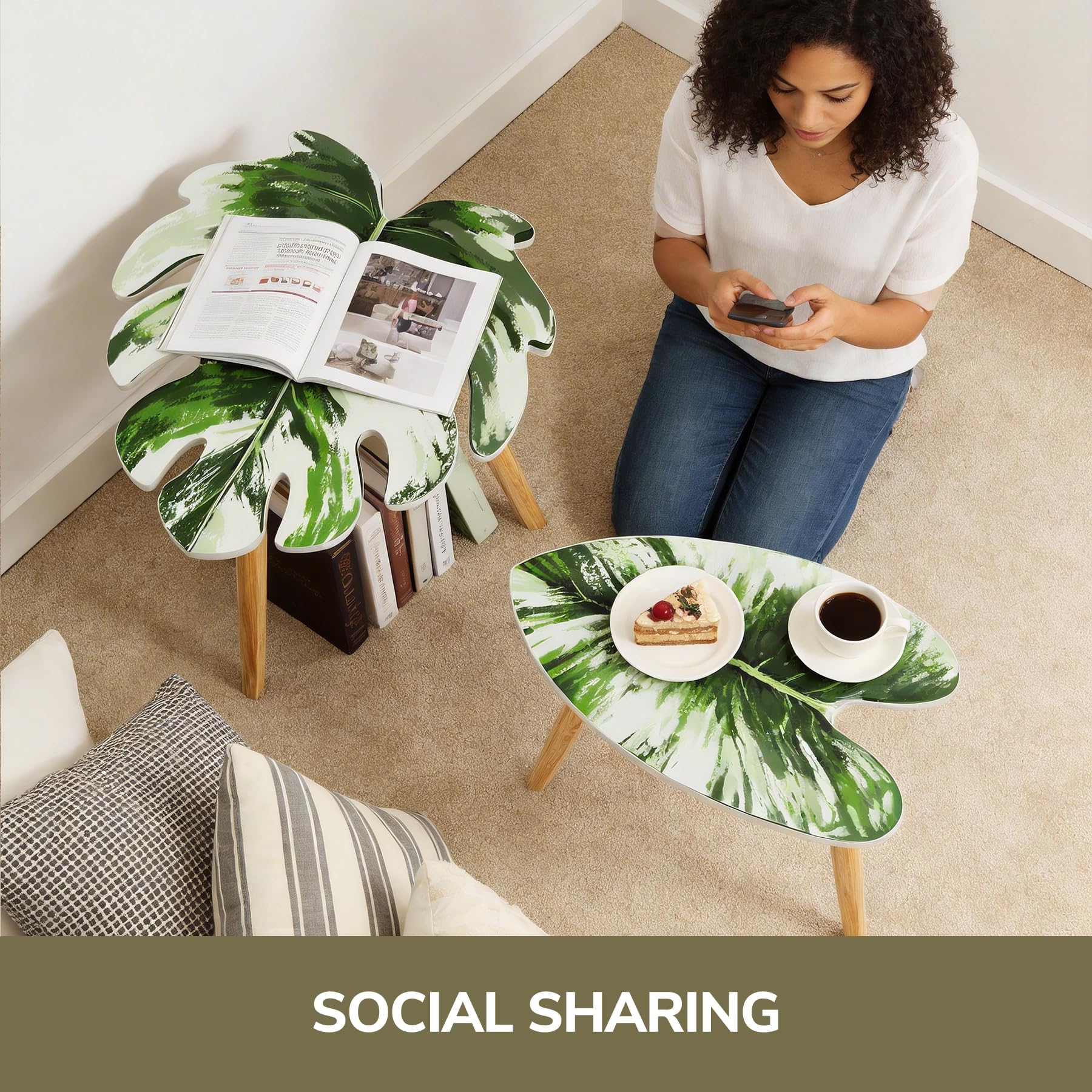 BAMEOS Monstera Leaf Nesting Tables Set of 2, Small Side Tables f Set with Leaf Vein Pattern, Modern Wooden CoffeeTables for Living Room Bedroom Apartment Balcony Yard