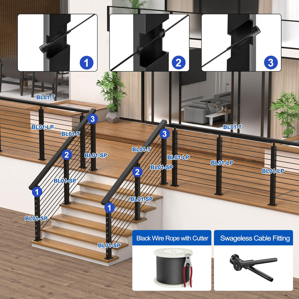 BLIKA 36" Cable Railing Corner Post, 304 Stainless Steel, 2-Side Drilled Adjustable Top Corner Post, Surface Mount Matte Black Cable Railing System Corner Post
