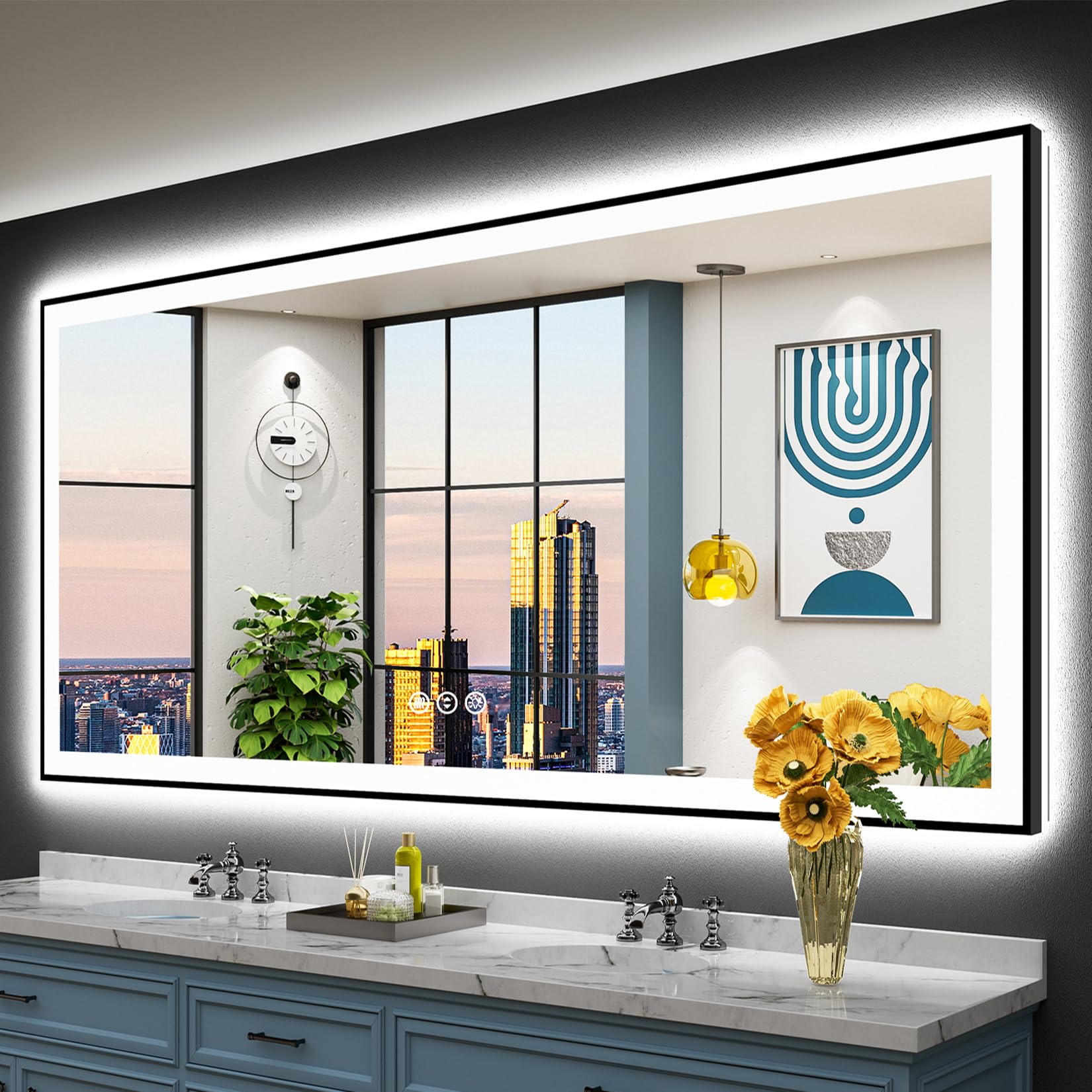 24x32 Black Framed LED Bathroom Mirror with Lights, Backlit and Front Lit Anti-Fog Lighted Vanity Mirrors for Bathroom Wall, Dimmable, 3 Colors, Memory, HD Tempered Glass, Horizontal/Vertical