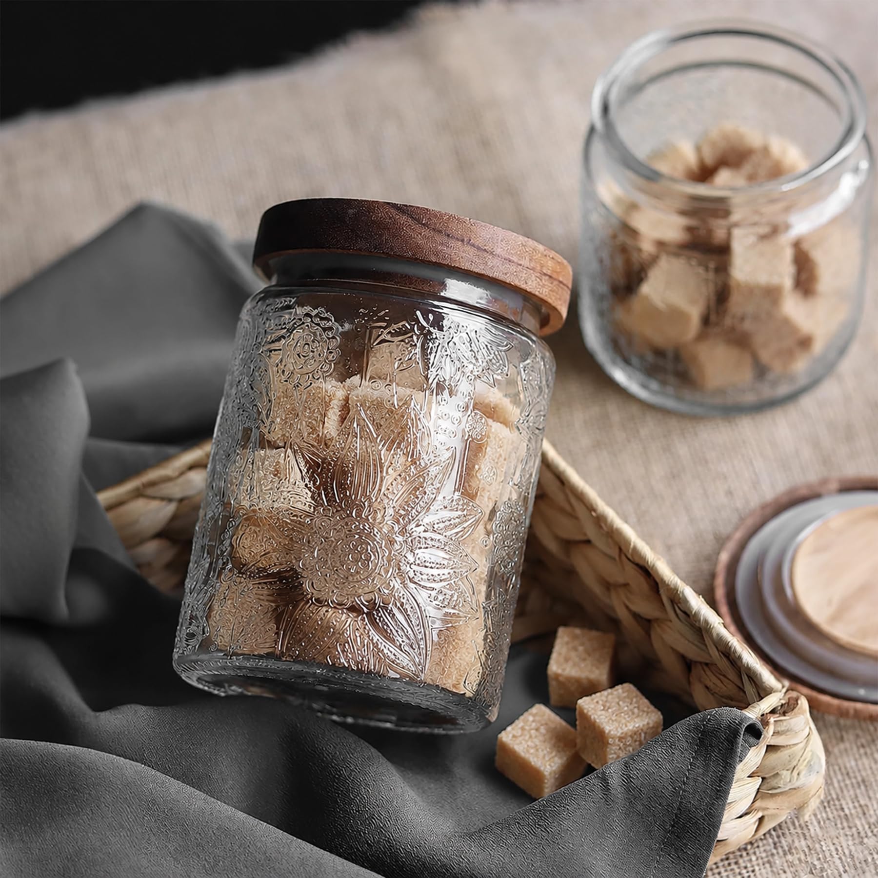 Custde Glass Storage Jars With Airtight Lid, 23.7oz Container For Kitchen Counter with Wooden Lid, brown sugar, candy, coffee, cookie, salt, tea, cute Jar (35oz Large Begonia Flowers)