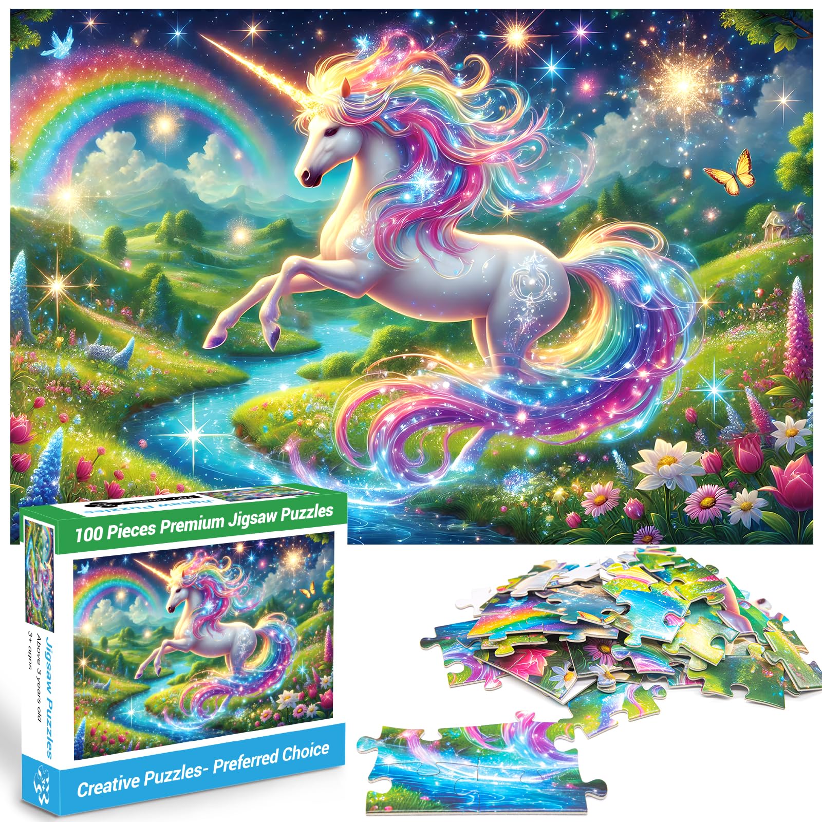 100 Piece Puzzles Rainbow Dinosaur Puzzle for Kids Ages 4-8 8-10, 100 Piece Jigsaw Puzzle for Children Learning Educational Puzzles Toys Birthday Gifts for Girls Boys, Dinosaur