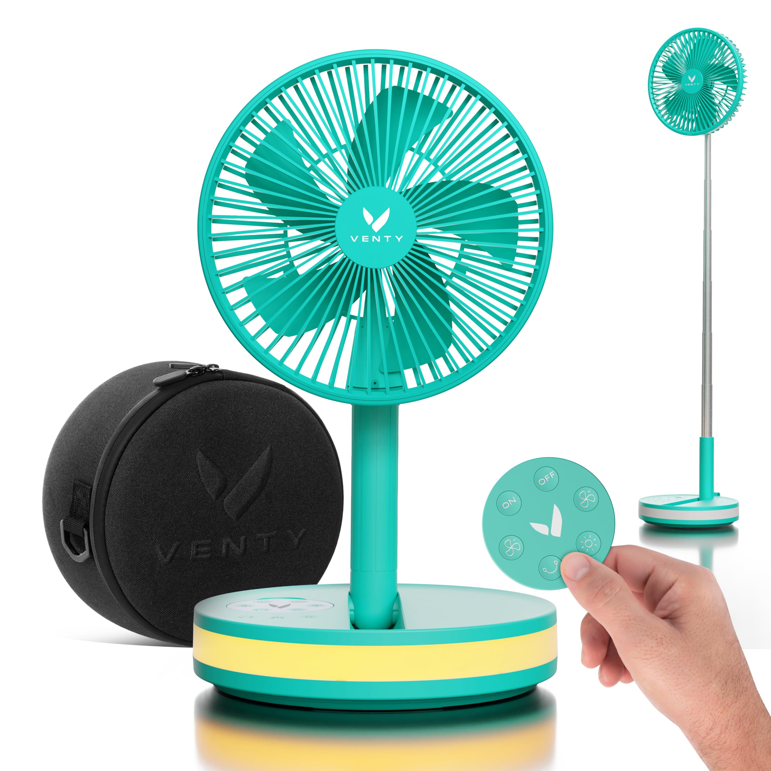 VENTY Portable Fan - Wireless Battery Operated Fan - 4 Speeds - LED Lighting - Carry Case & Remote Control - Cruise Travel - Outdoor Travel RV Power Bank With USB-C Port (Black with Case)