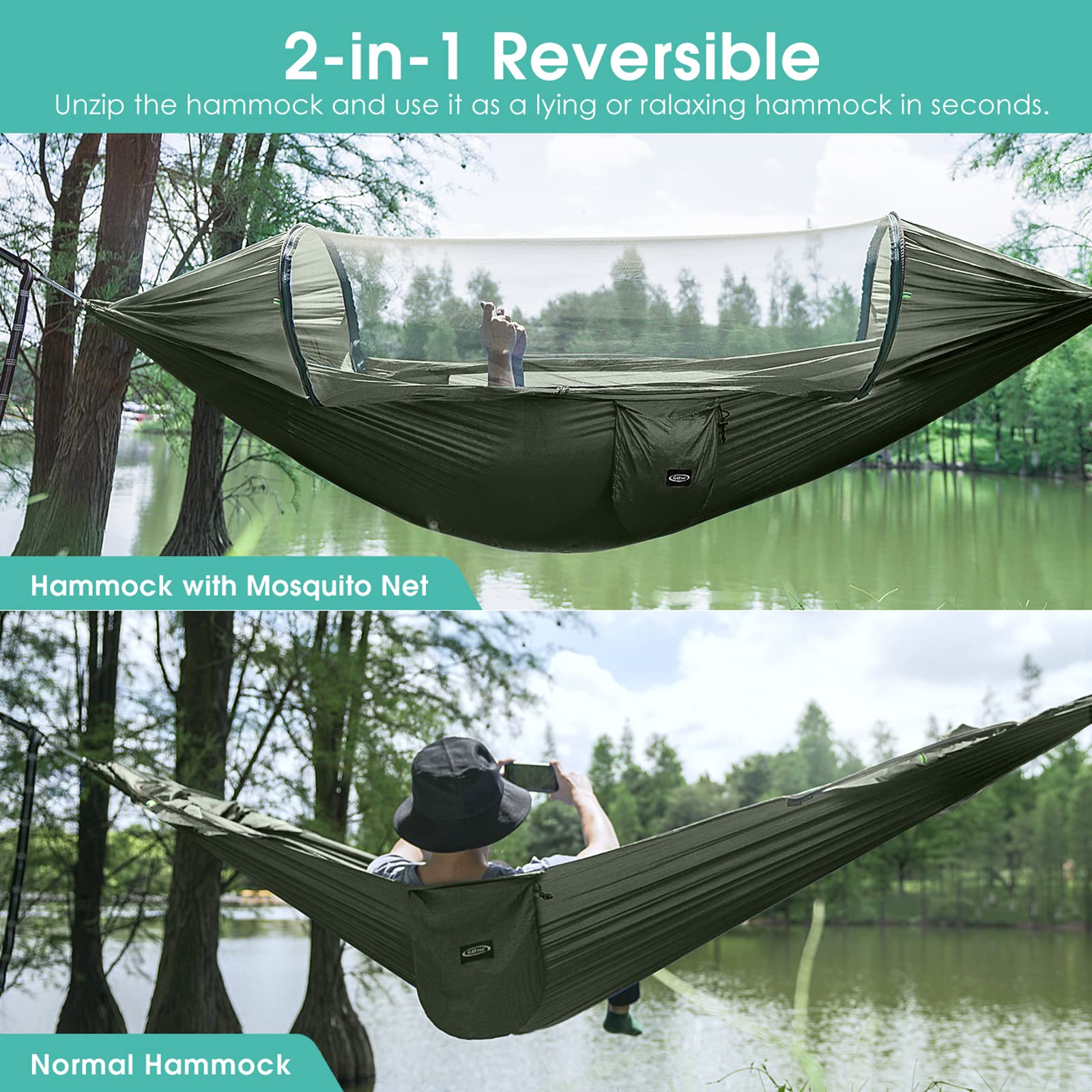 G4Free Large Camping Hammock with Mosquito Net and Rain Fly- 2 Person Portable Hammock with Bug Net and Tent Tarp for Outdoor Hiking Camping Backpacking Travel