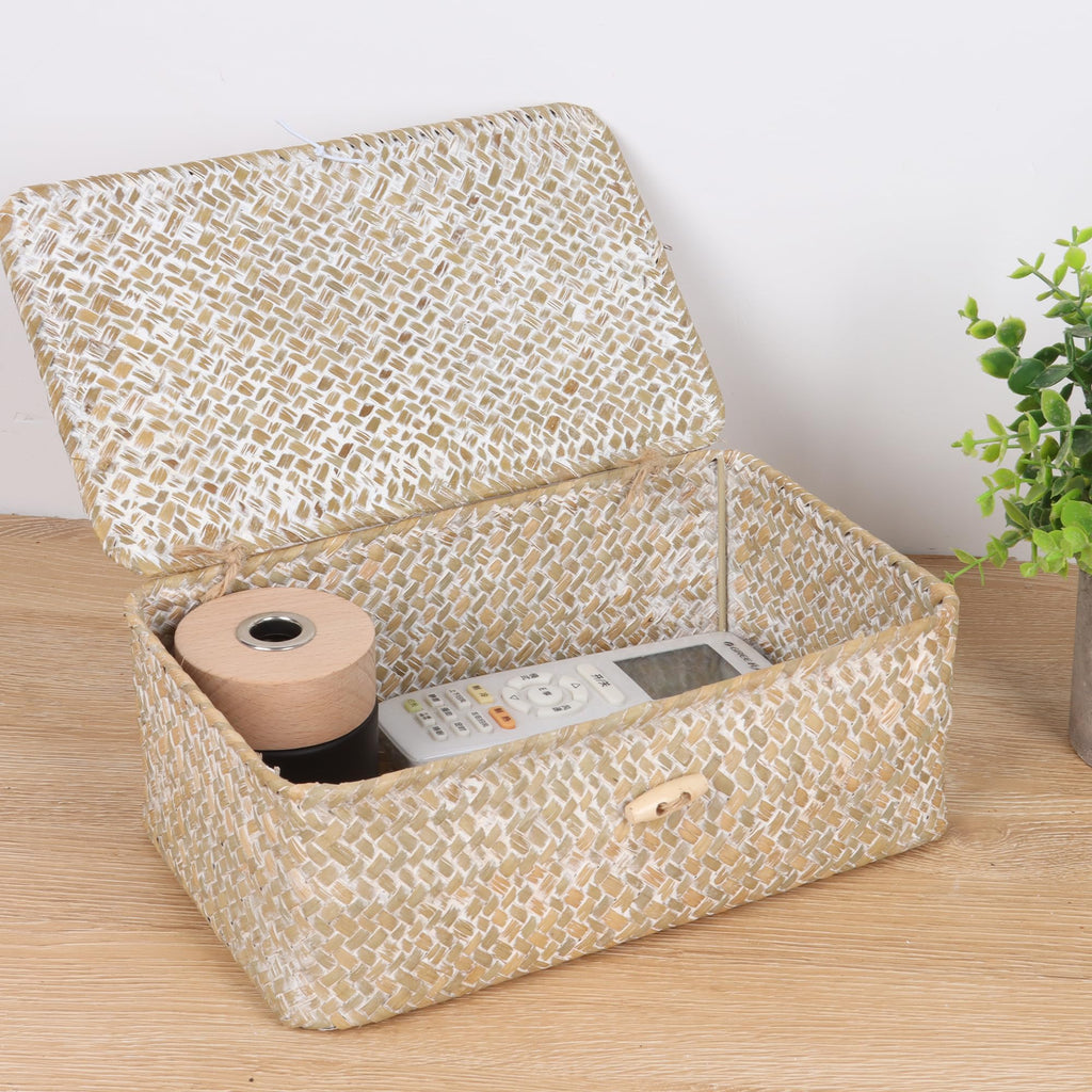 FEIALNDUO Wicker Shelf Baskets with Lid,Seagrass Storage Basket Bins Rectangular Handwoven Basket Boxes for Shelves Desktop Home Organizer (Coffee, X-Small)