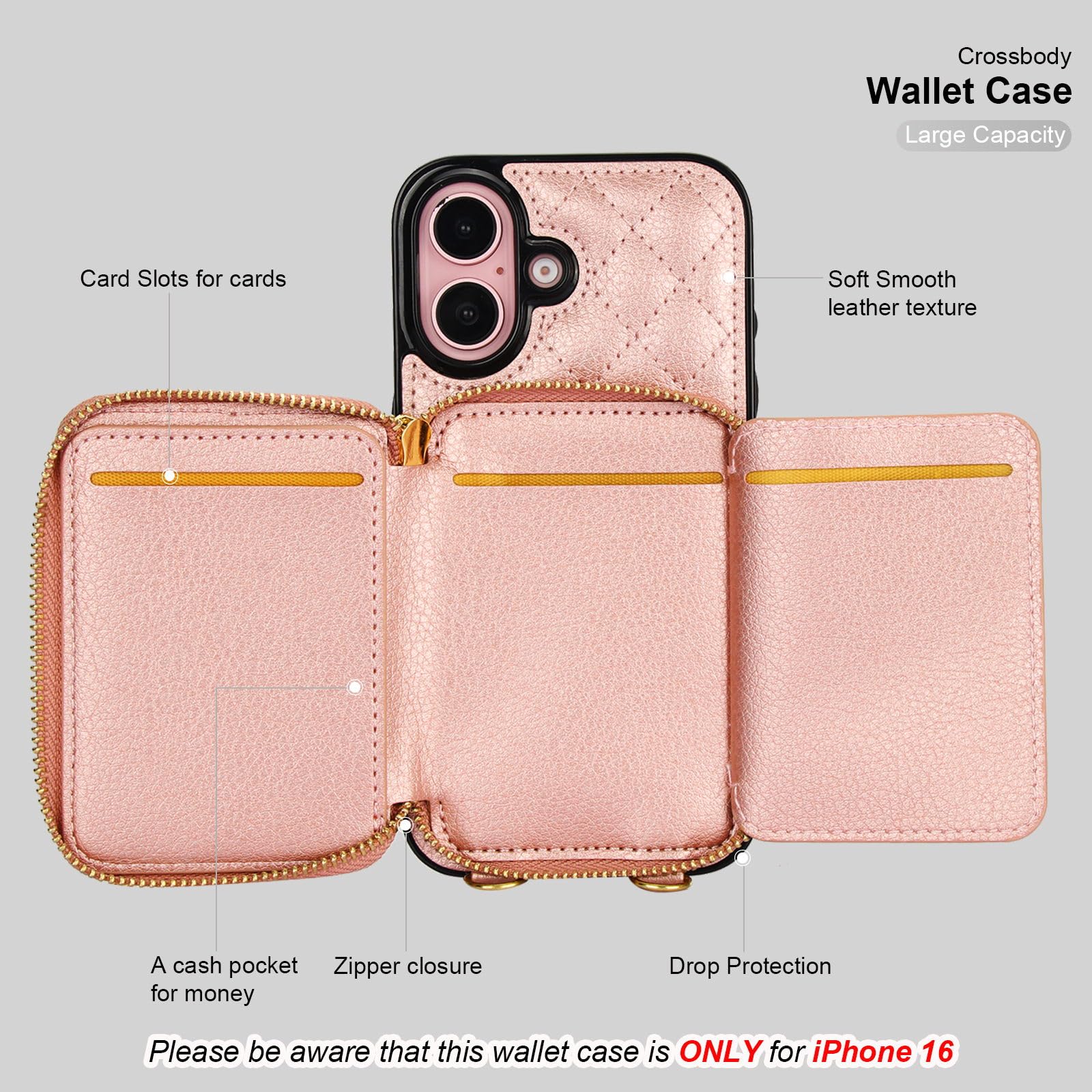 Bocasal Crossbody Wallet Case for iPhone 16, RFID Blocking PU Leather Zipper Handbag Purse Flip Cover, Kickstand Folio Case with Card Slots Holder Wrist Strap Lanyard 5G 6.1 Inch (Black)
