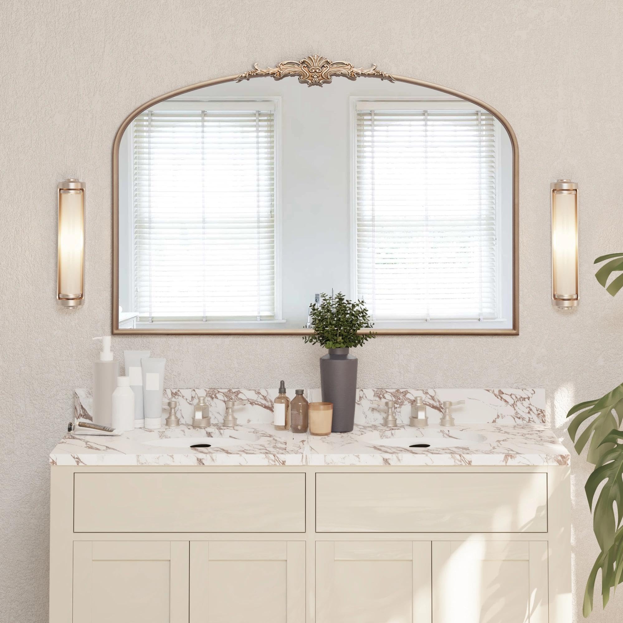Besdomus Vintage Arched Black Mirror: 32"x24" French Large Black Vintage Wall Mirror - Baroque Traditional Ornate for Living Room/Fireplace/Bathroom- Ideal Gifts for Housewarming/Birthday