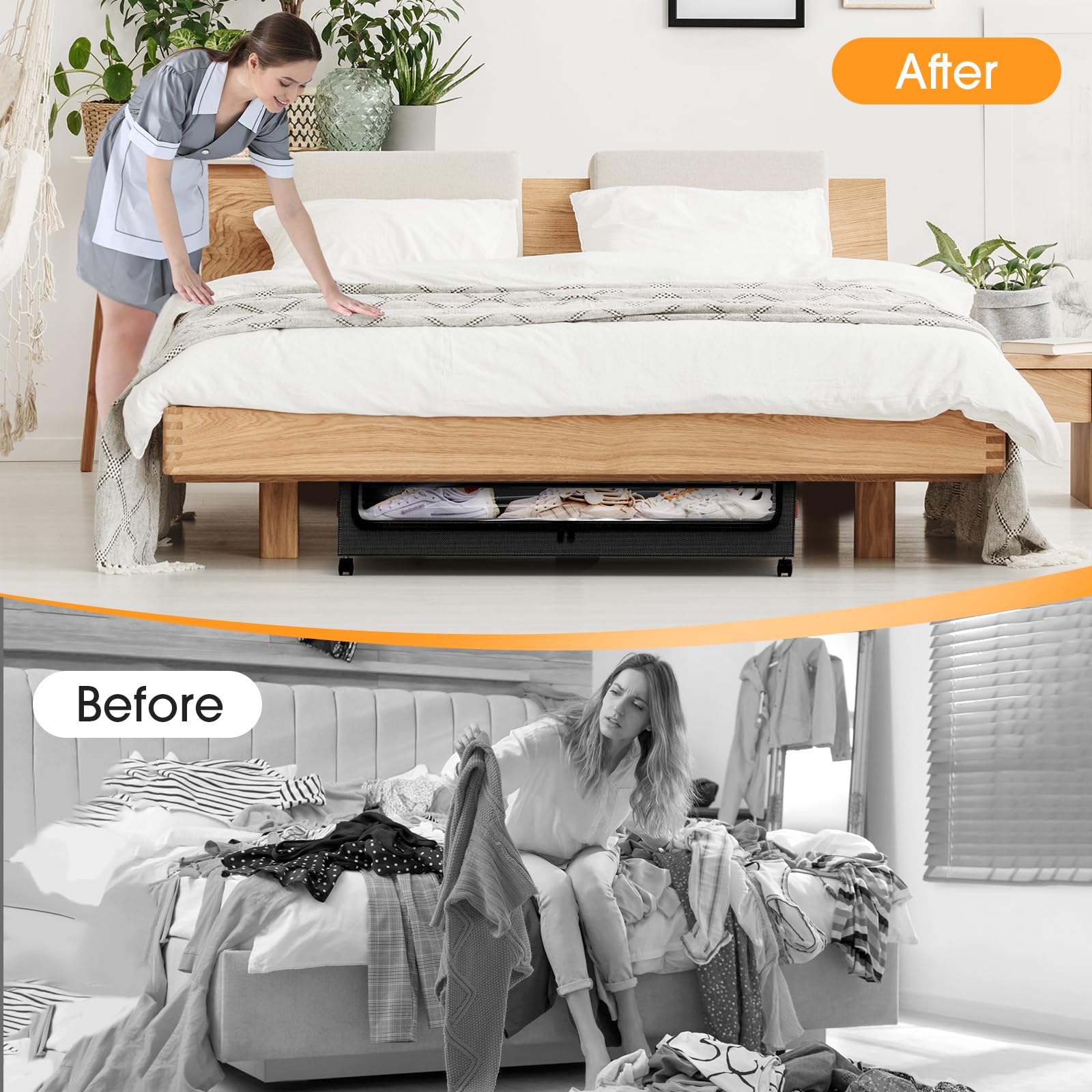 SpaceHacks Under Bed Storage with Wheels 1Pack Underbed Storage with Clear Window&Label Under Bed Drawers Large Capacity Rolling Under Bed Storage for Clothes,Shoes, Blankets (Beige)