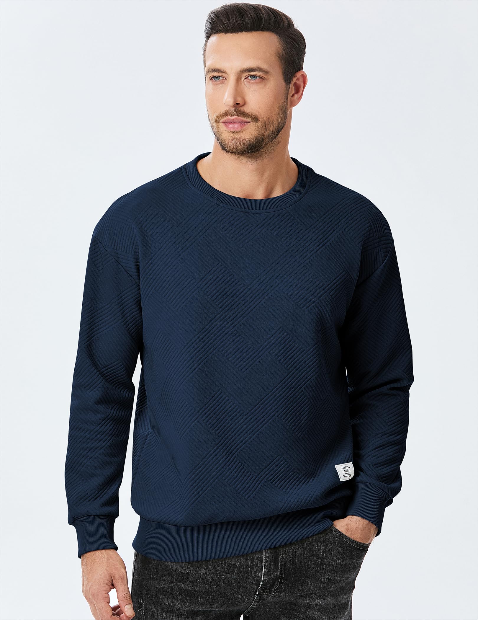 Dokotoo Men Men's Crewneck Sweatshirts Soild Color Geometric Texture Long Sleeve Casual Pullover Shirt