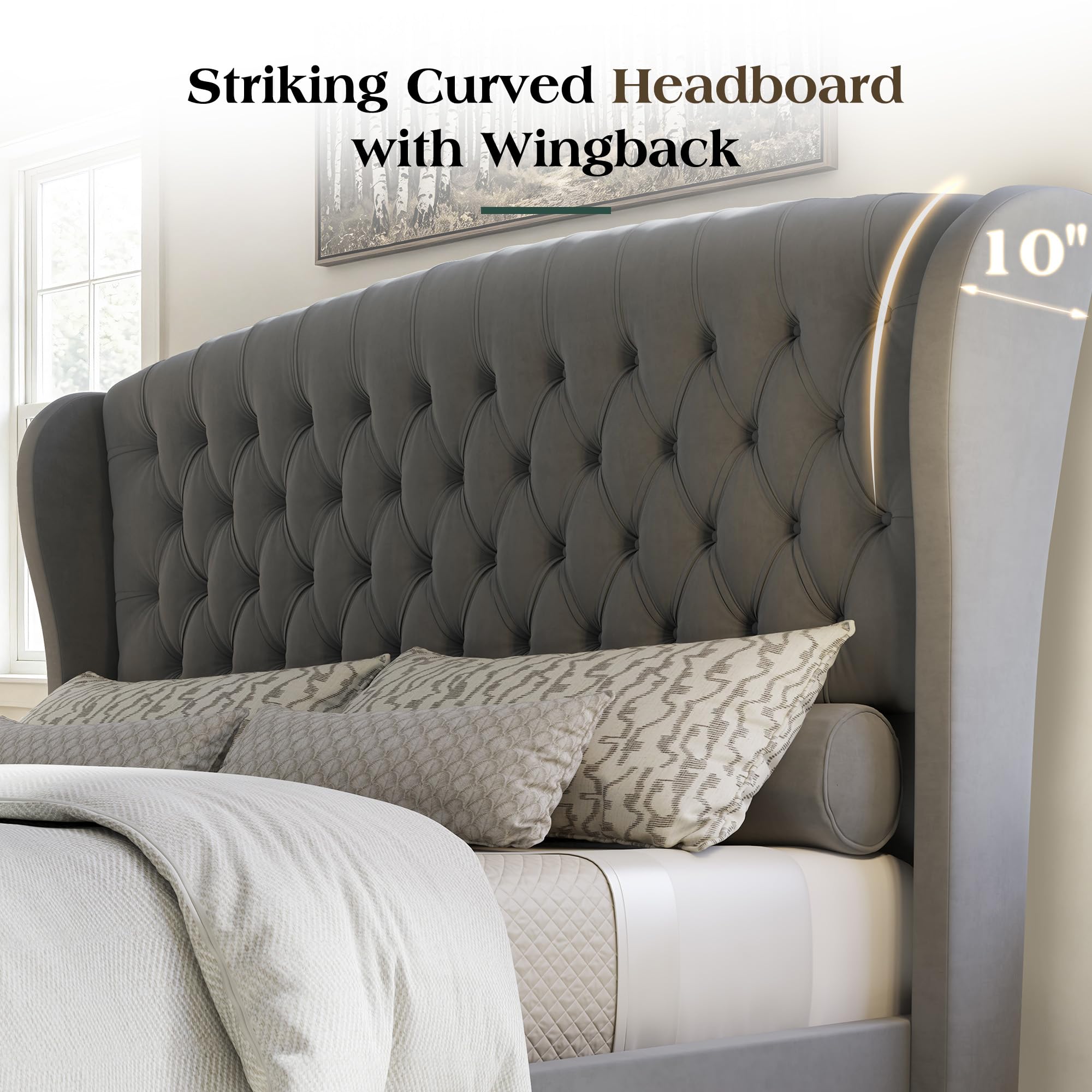 LUXOAK Queen Size Platform Bed Frame, Velvet Upholstered Sleigh Bed with Curved Headboard & Footboard, Deep Button Tufted, Wood Slats Support, No Box Spring Needed, Black