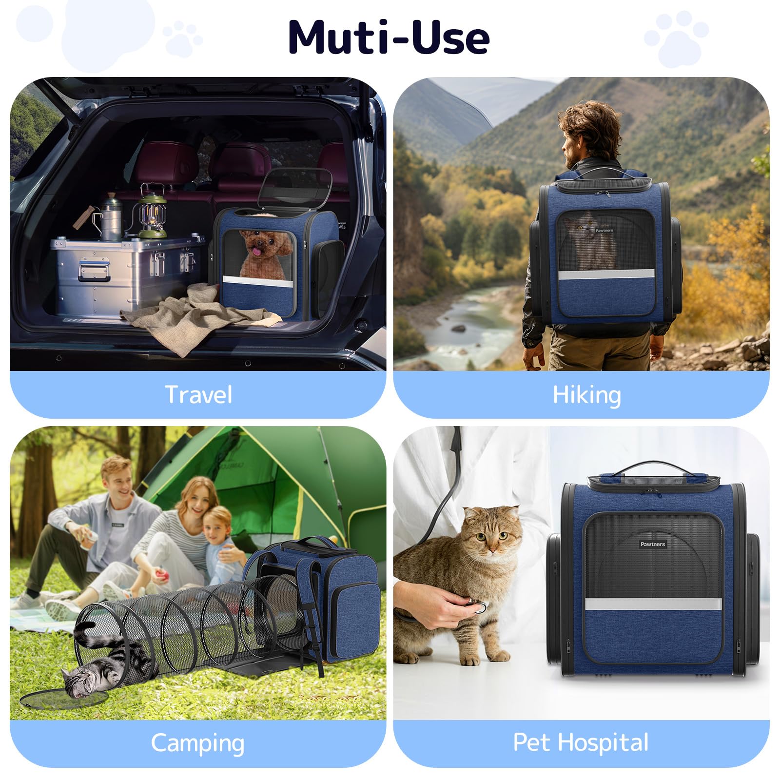 Cat Carrier Backpack with Detachable Play Tunnel, 2 in 1 Cat Tunnel Backpack Suitable for Carrying & Playing, Expandable Pet Carrier for Small Medium Kitten Puppy, Suitable for Travel Hiking Camping