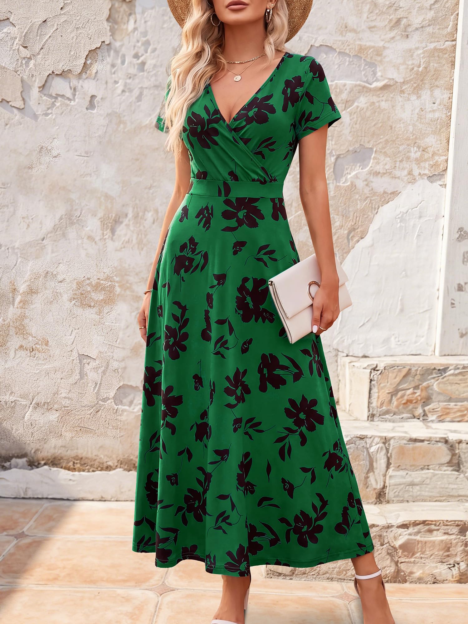 HUHOT Women's Short Sleeve Wrap V Neck Dresses for Wedding Guest Summer Floral Maxi Sundresses with Pockets Boho Dress