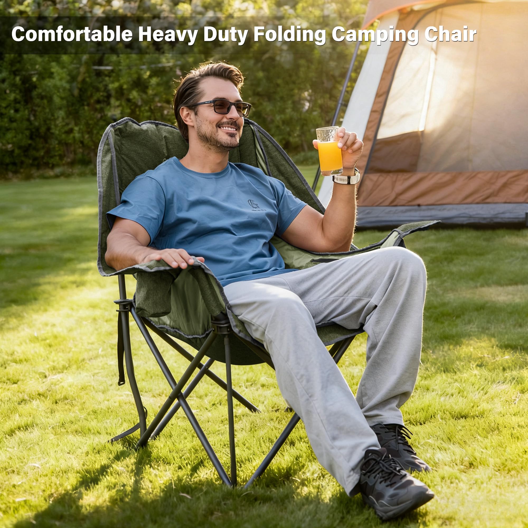 Double Camping Chair Heavy Duty Oversized Padded Loveseat for Adults 2 Person Outdoor Portable Camping Chairs for Lawn, Backyard, Fishing, Trip, Support 600lbs, Grey