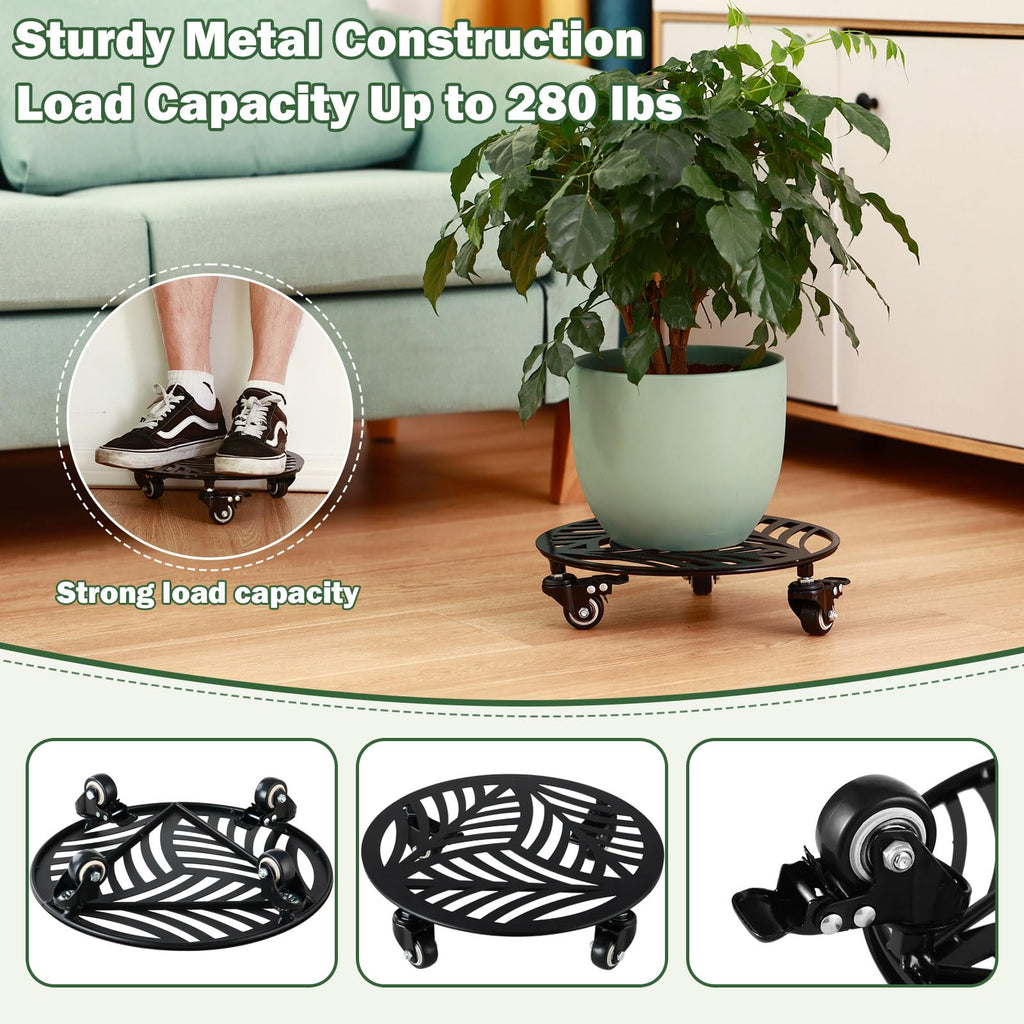 1 Pack 12 inches Large Metal Plant Caddy with 3 PU Metal Wheels Rolling Plant Stand with Casters Indoor Outdoor Wheeled Planter Roller Base Pot Movers Plant Dolly Coaster Trolley Black