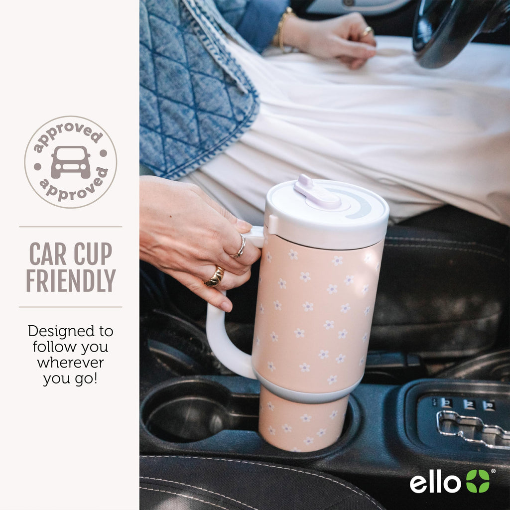 Ello Oasis 24 oz Tumbler with Handle & Retracting Straw | Reusable Insulated Stainless Steel Cup 100% Leakproof, Gifts for Teens Women Men | Keeps cold for 24 Hours, Cup Holder Friendly, Cream Tonal