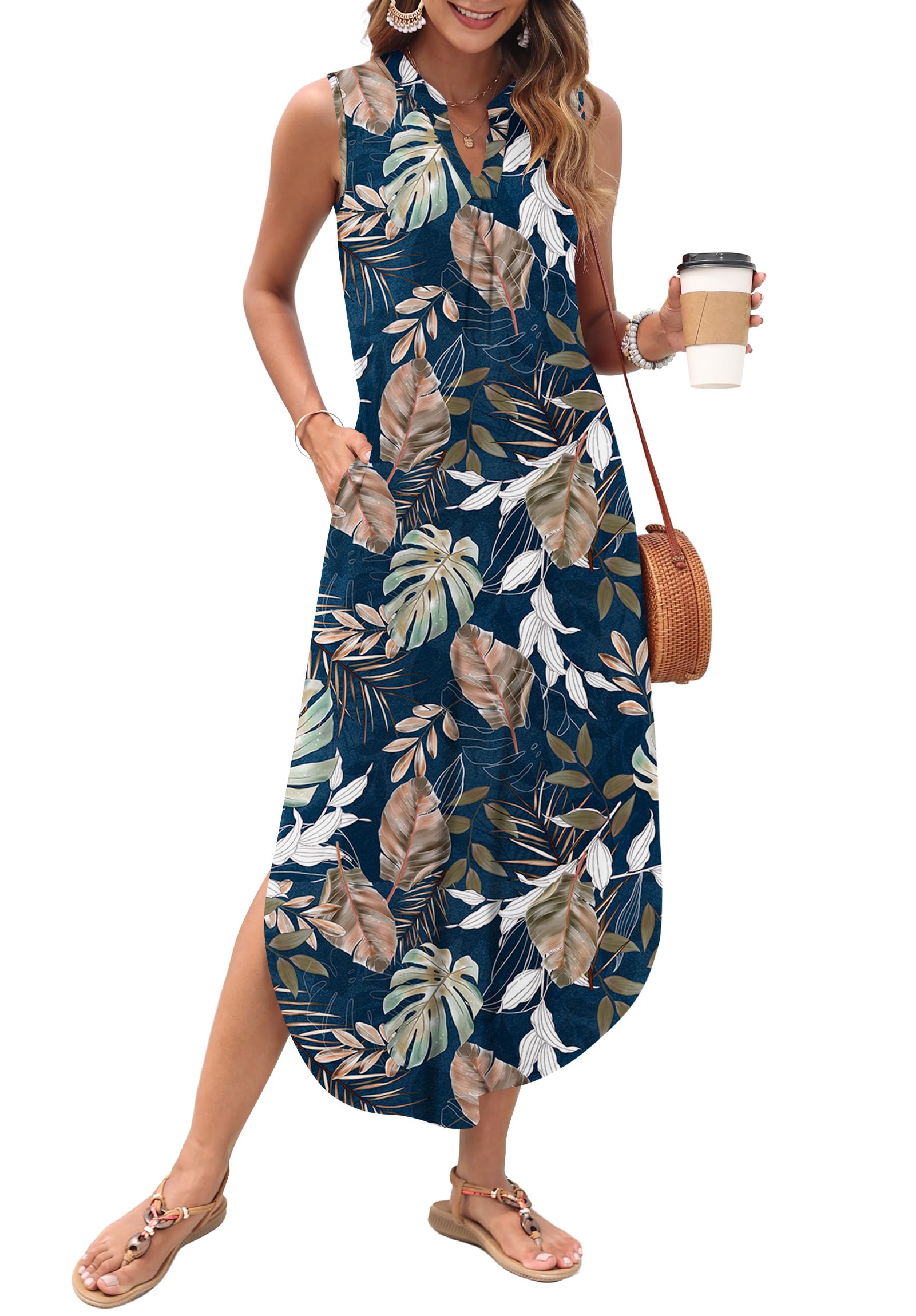 AUSELILY Womens Summer Casual Maxi Dresses 2026 Sleeveless Long Beach Dresses V Neck Loose Sundresses with Side Split Pockets