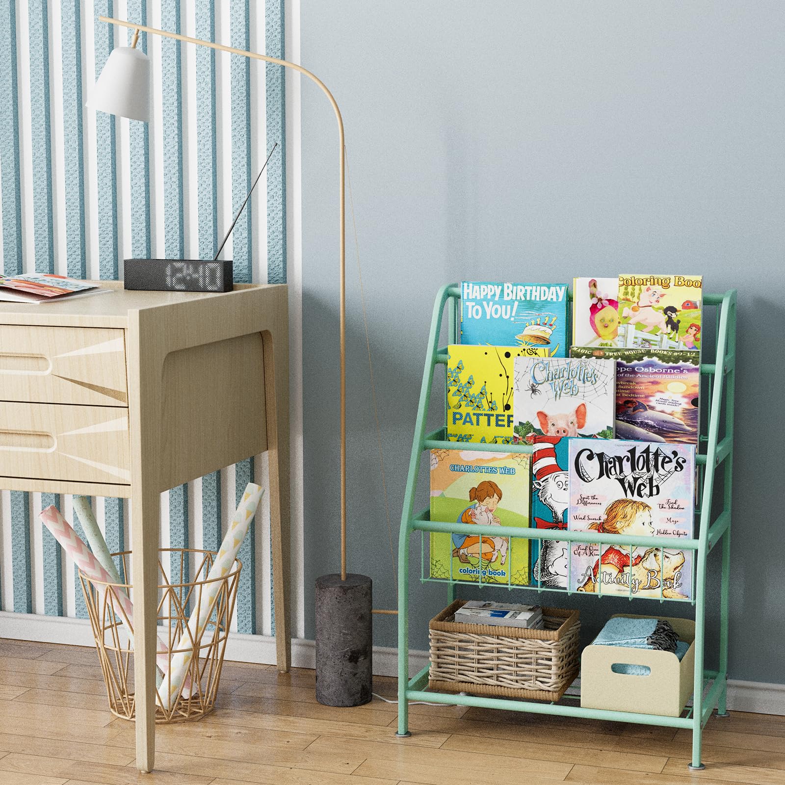 aboxoo Metal Kids Bookshelf Black Large Freestanding for Children Room 32 in Toy Organizer Large Stable Bookcase Bookstore Library Book Unit Storage Kids Bed Living Room