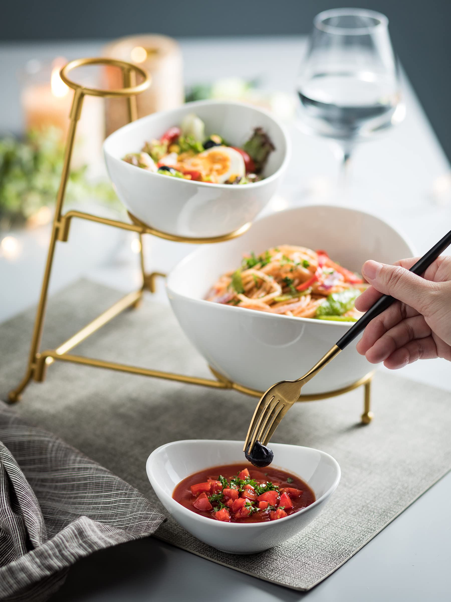 Miamolo 3 Tier Serving Bowls with Stand for Entertaining Party | Ceramic, Chip and Dip Set | Food Display for Fruit Salad Snacks | Space-saving Storage | Microwave & Dishwasher Safe