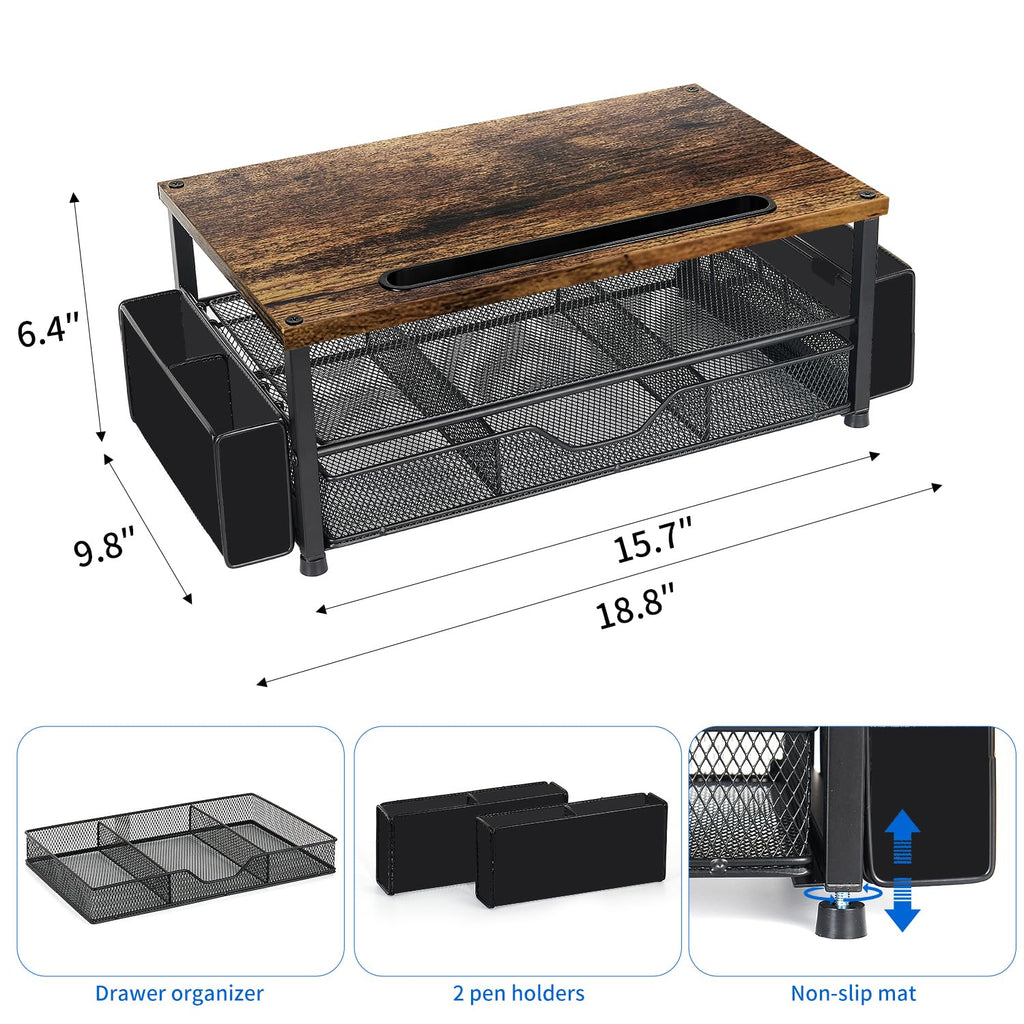 AUPSEN 2 Tier Computer Monitor Stands with Drawer and 2 Pencil Holder, Metal Monitor Stand Monitor riser, Computer Desk Organizer and Accessories for Laptop, Computer, Printer, Office Supplies(Black)