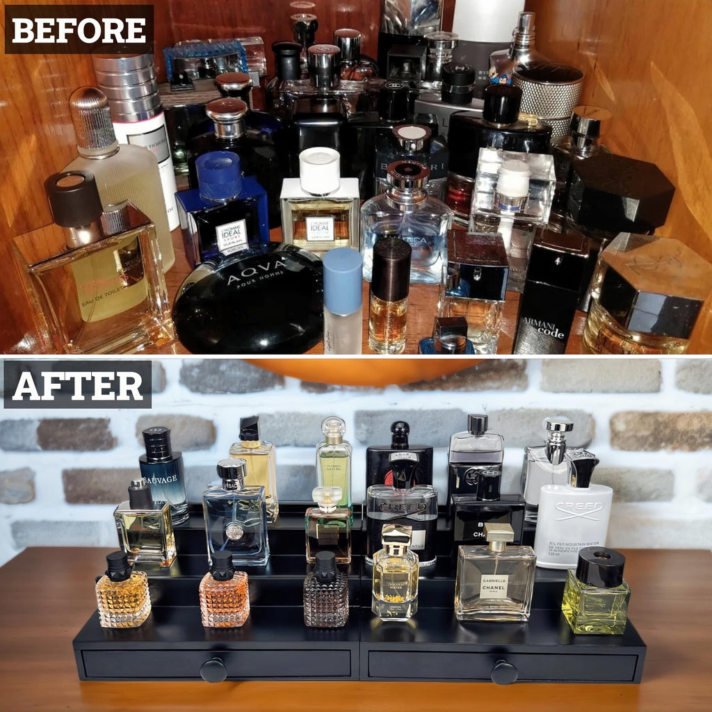 Wooden Cologne Organizer for Men 3 Tier | Black Perfume Holder Shelf for Dresser | High Grade Velvet Lining and Stylish Gift Box | Uncluttered Design Perfume Display Stand