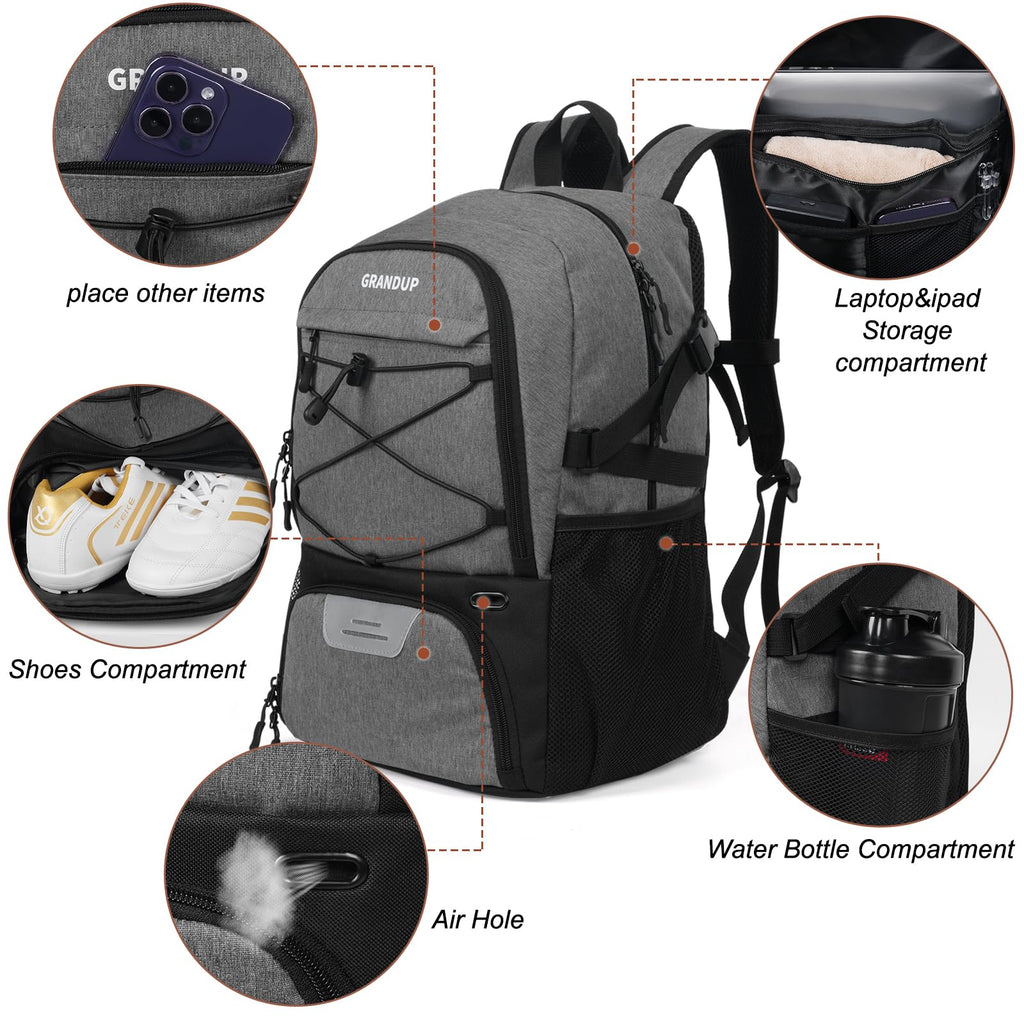 GRANDUP Basketball backpack with ball and shoes compartment Fit Volleyball, soccer, Swim, Gym, Travel, and School, large capacity sports training equipment bags