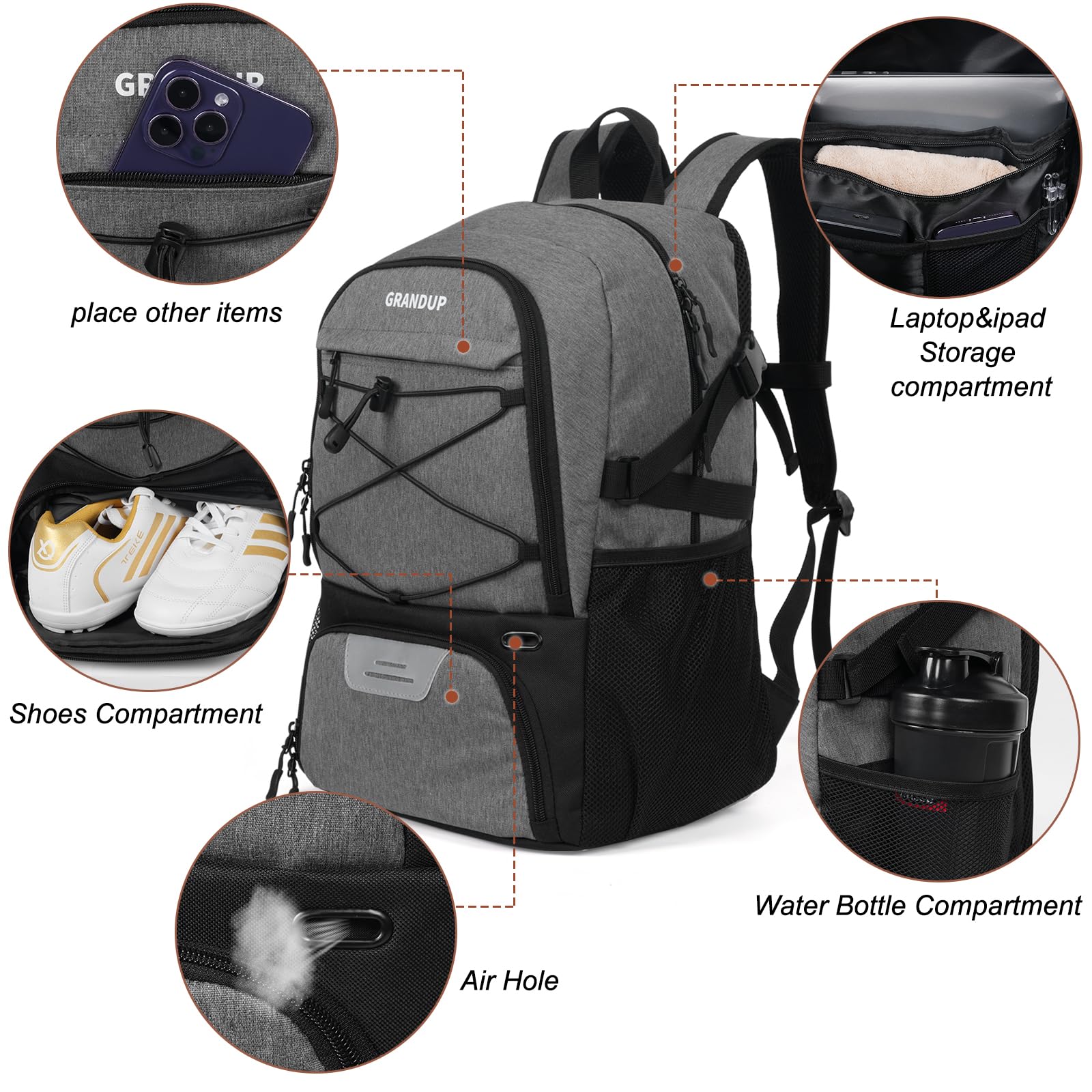 GRANDUP Basketball backpack with ball and shoes compartment Fit Volleyball, soccer, Swim, Gym, Travel, and School, large capacity sports training equipment bags