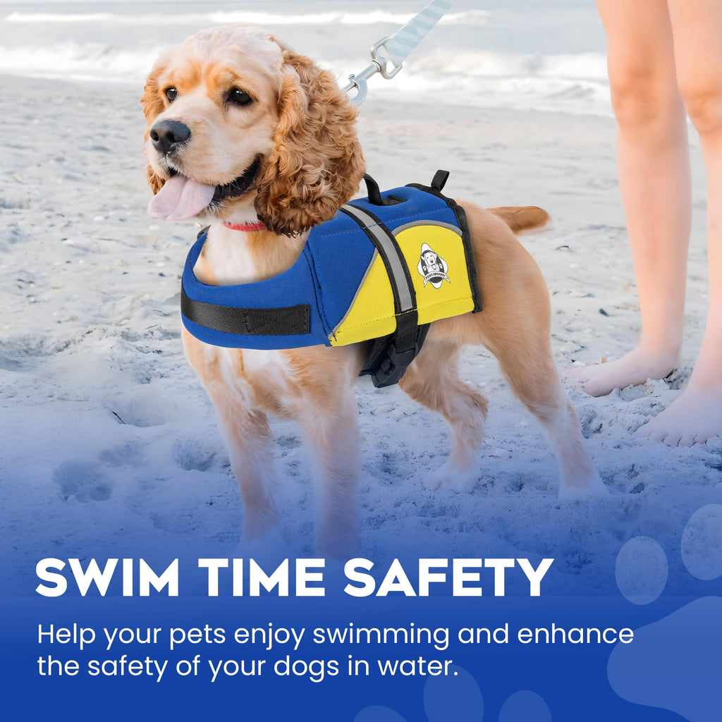 Dog Life Jacket — Premium Swim Vest with SafeChin Anti-Choke Collar | PAWS Aboard Blue & Yellow | RapidLift Rescue Handle, D-Ring, Reflective Trim | Boating, Kayaking, Pool | XX-Small (Under 6 lbs)