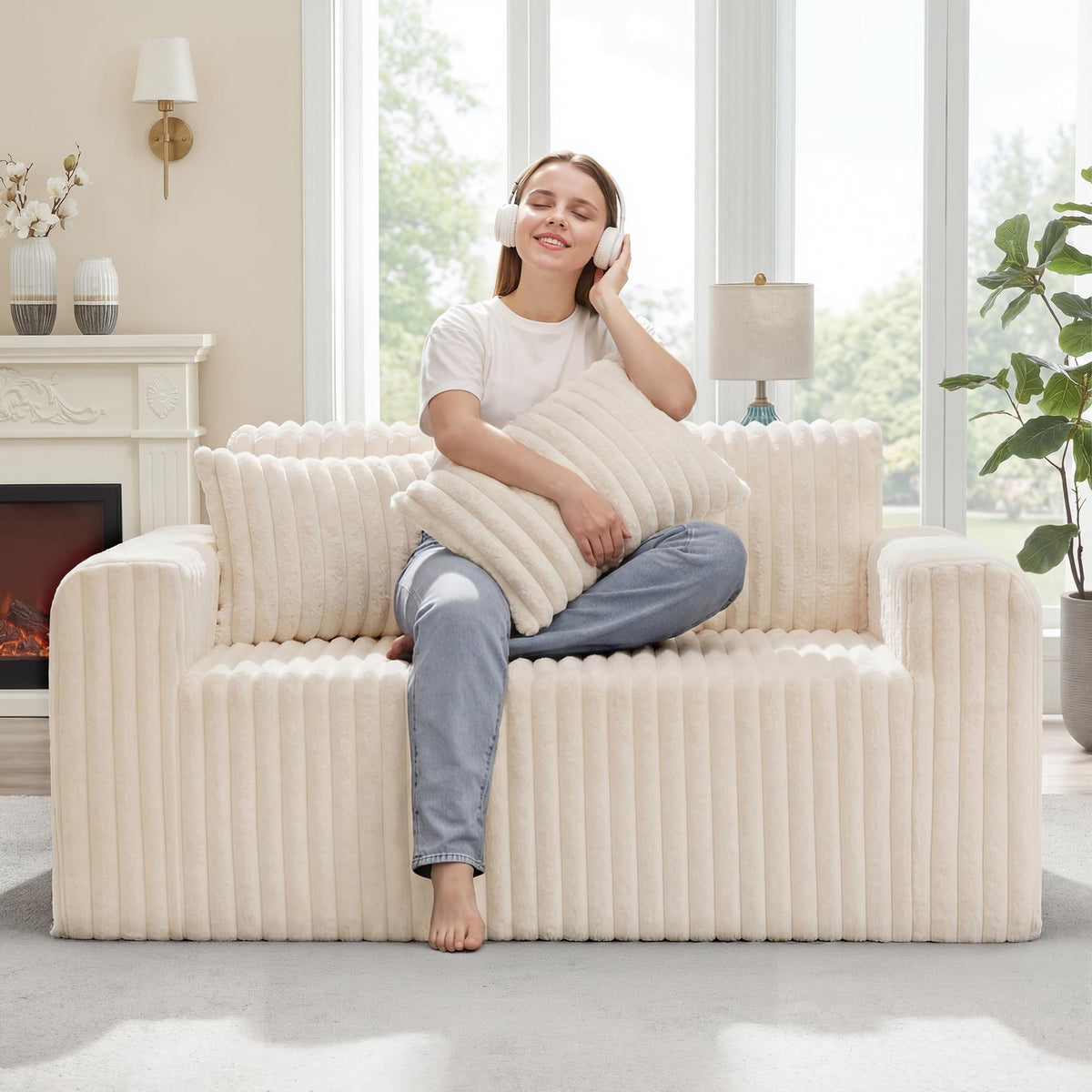 Hobestluk Single Sofa Foam Couch Sofa for Small Spaces Comfy Sofas with Removable Cover Furry Couch with Pillows for Living Room, Bedroom, Apartment, Office (Black, Standard)