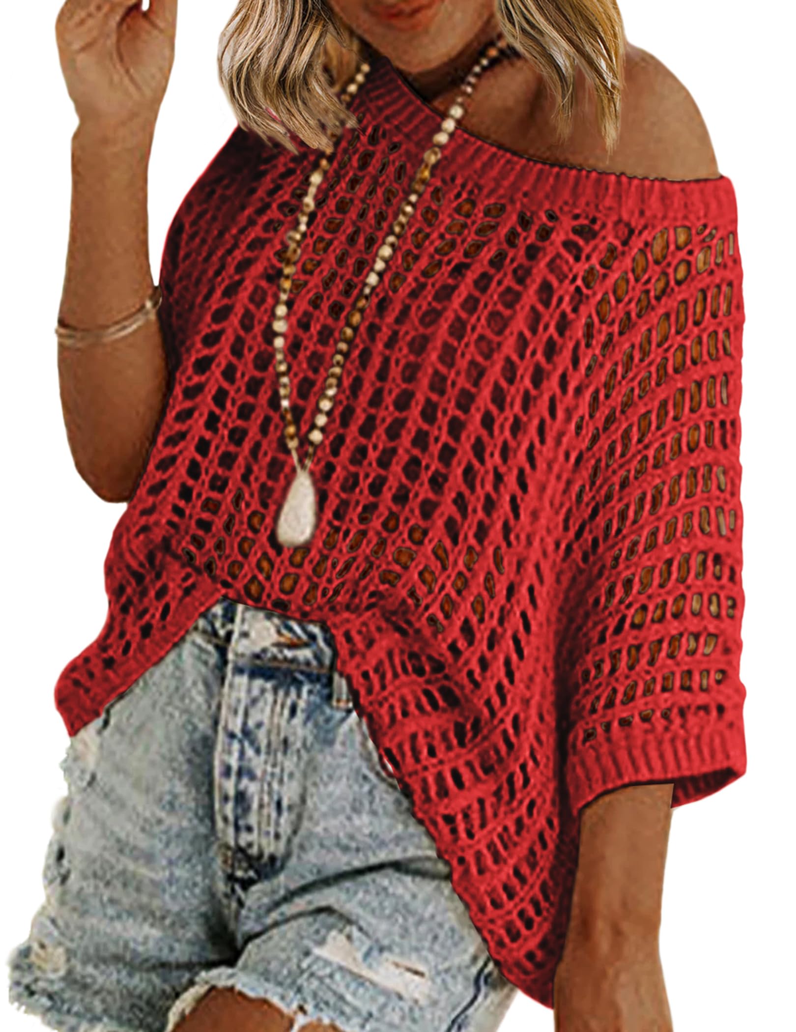 Zeagoo Short Sleeve Crochet Sweater Lightweight Summer Tops Loose Hollow Out Crewneck Pullover