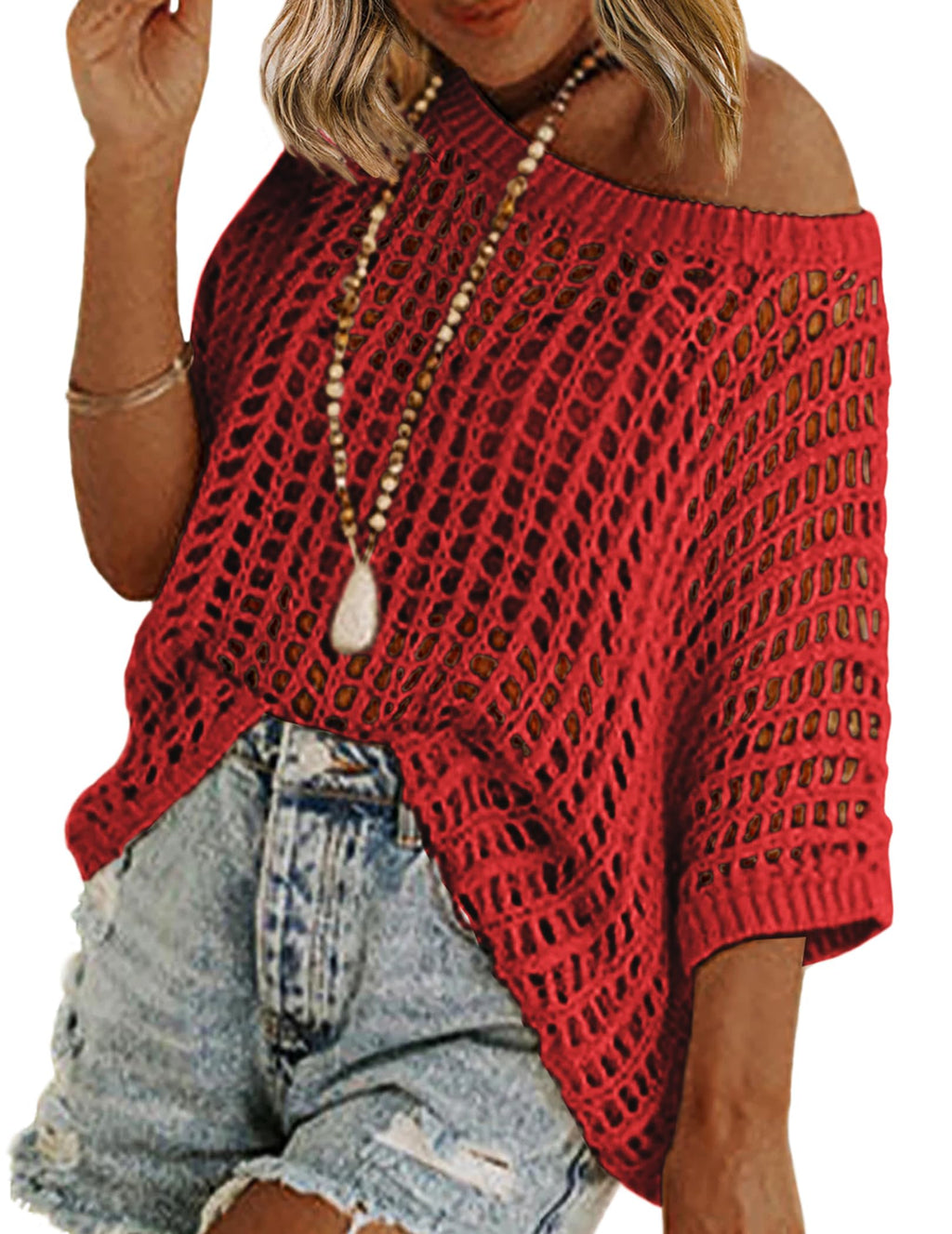 Zeagoo Short Sleeve Crochet Sweater Lightweight Summer Tops Loose Hollow Out Crewneck Pullover