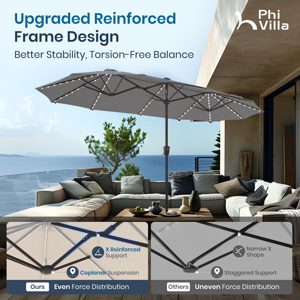 PHI VILLA 13ft Patio Umbrella with Solar-Powered 120 PCS LED Color-Changing Lights, Triple-Head Large Rectangle Umbrella Outdoor Patio for Table with Crank Lift,Beige(No Base)