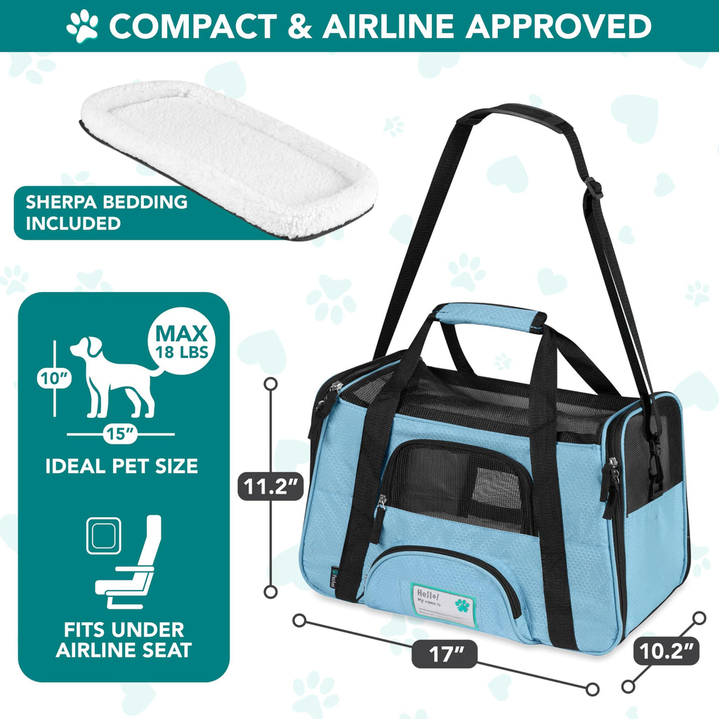 PetAmi Airline Approved Pet Carrier for Cats & Small Dogs, Soft Sided TSA Travel Carrier Bag with Sherpa Bed, Breathable Mesh Ventilation, Collapsible Bowl, Fits Under Seat, Up to 18 lbs, Small Black