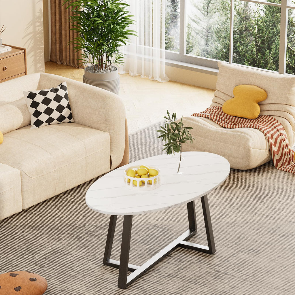 Wolawu Coffee Table Gold Oval Glass Coffee Tables for Living Room,Modern Gold Metal Frame Tea Tables for Small Space, Tempered Glass Top Center Table with Stable Cross Base for Bedroom, Office,Balcony