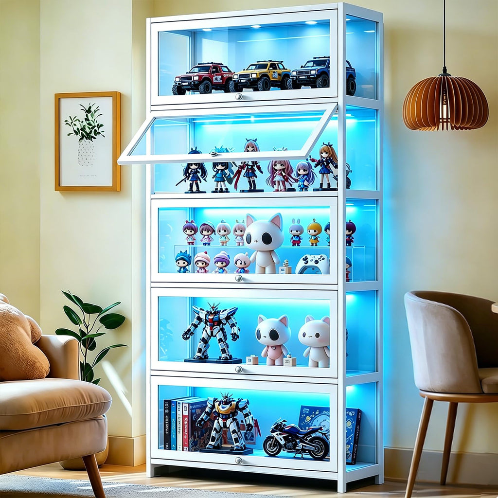 Display Cabinet with Acrylic Glass Door, 5 Tier Curio Display Case, Collectibles Toy Organizers Rack & Display Shelf, Kids Bookcase for Bedroom, Reading Nook, living Room, Bamboo (Black -flip Door)