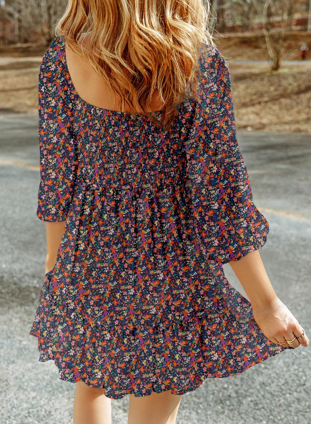 Dokotoo Fall Dresses for Women 2025 Boho Floral Square Neck Smocked 3/4 Sleeve Casual A-Line Swing Mini Dress Sundress