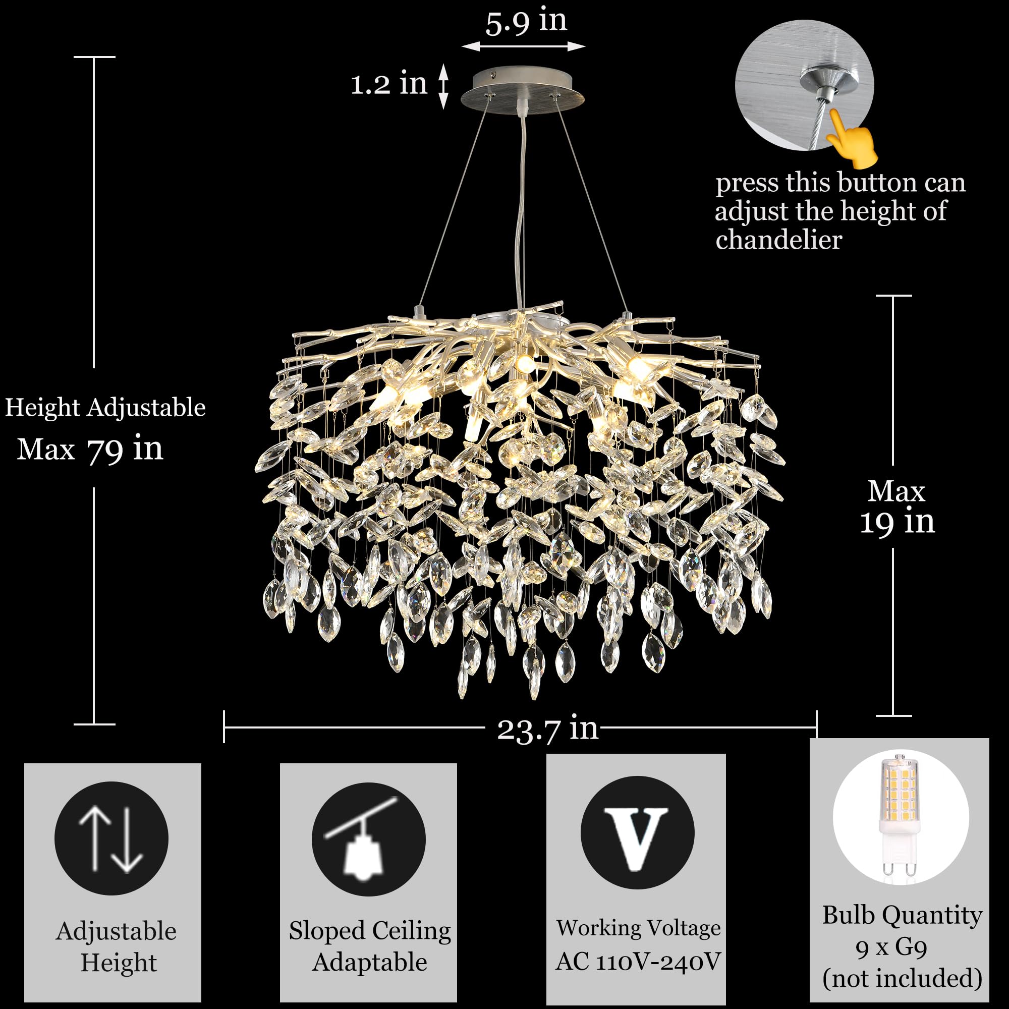 Modern Crystal Raindrop Chandelier, L40'' Black Linear Rectangle Art Deco Tree Branch Lighting Fixture for Kitchen Island Living Room Foyer Staircase 10 Lights