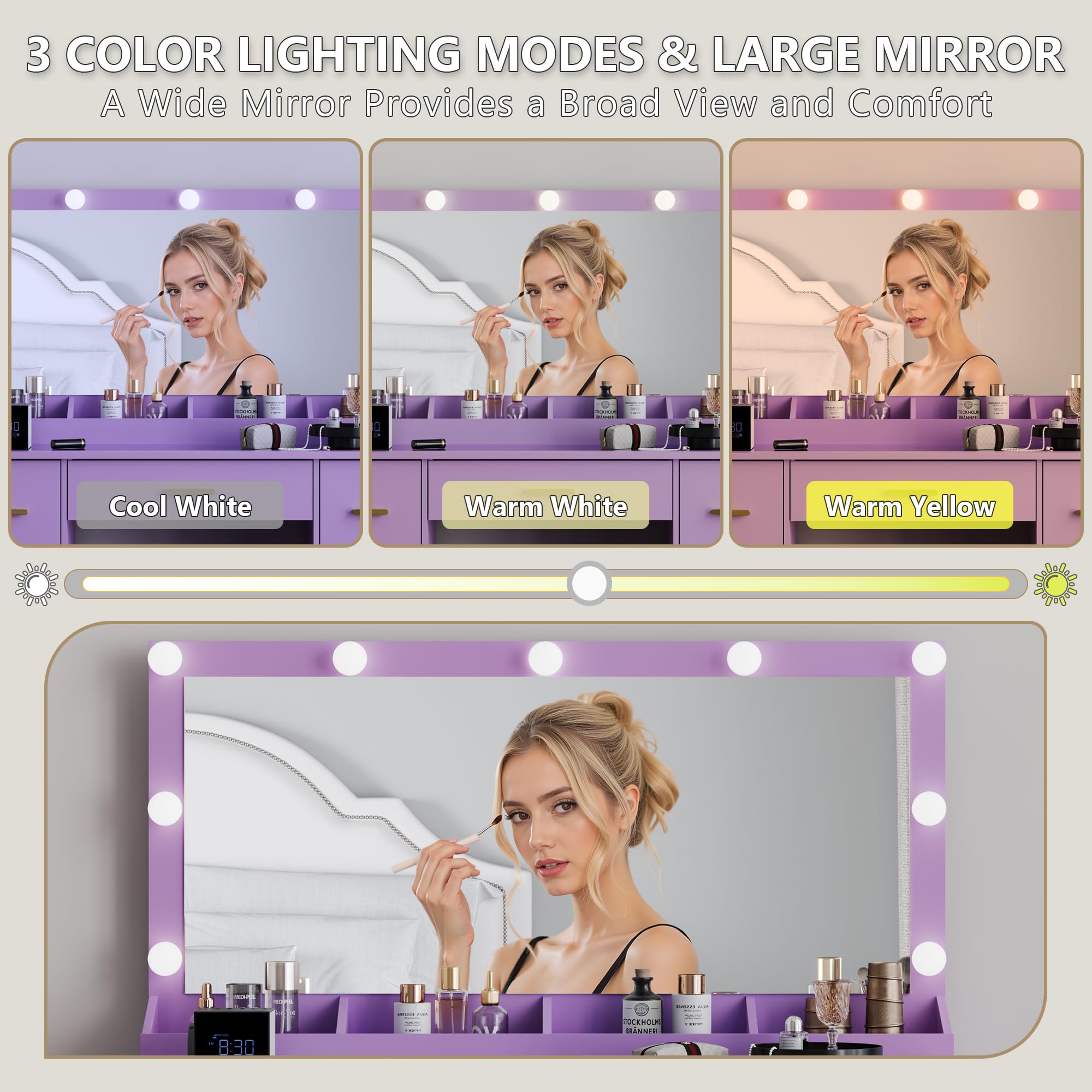 BORNOON 45” Fluted Makeup Vanity Desk with Mirror and Lights, Glass Top Dressing Table with 5 Drawers, LED Lighted Adjustable Cabinet, Trays & Charging Station for Bedroom Dressing Room