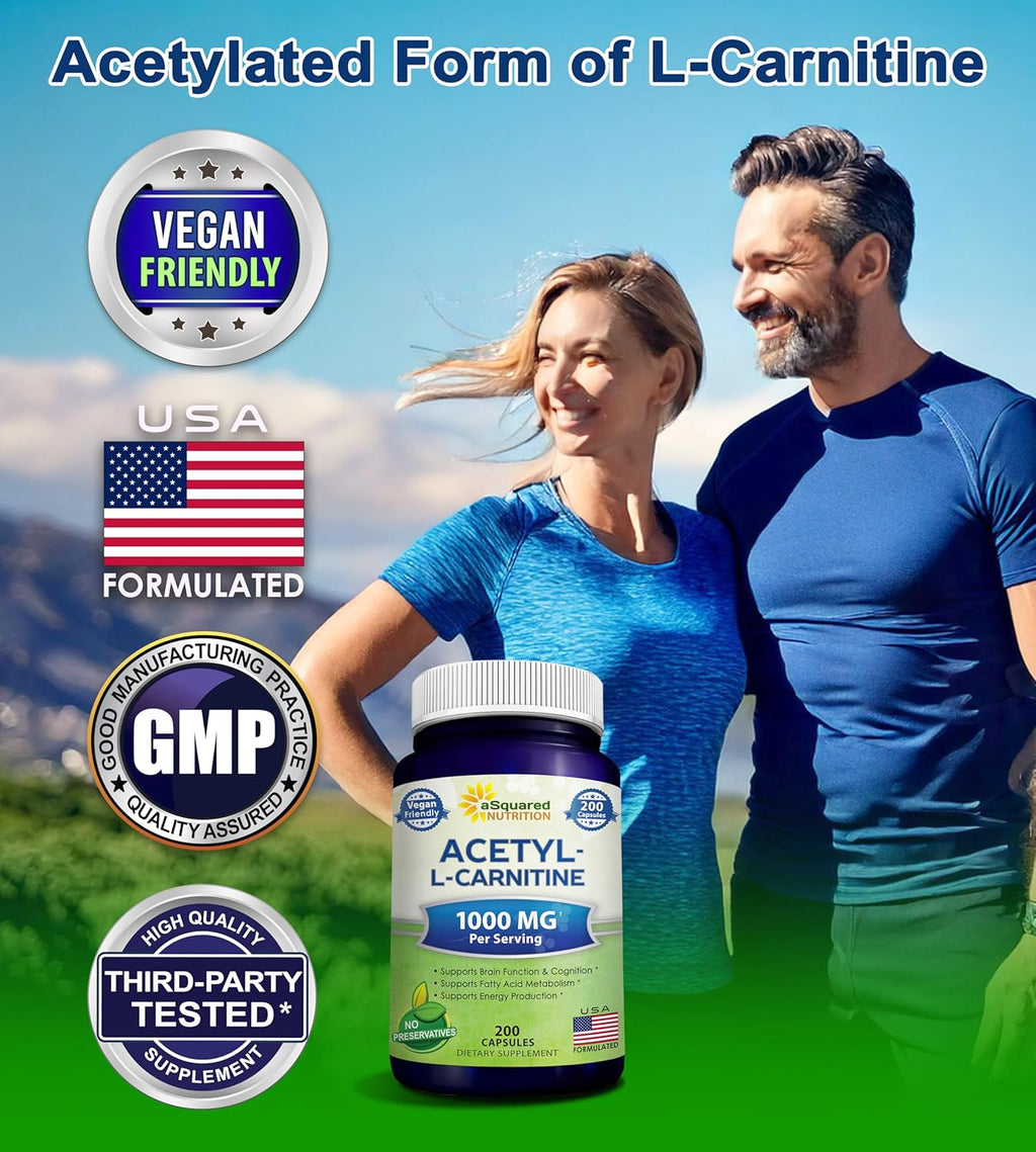 aSquared Nutrition Acetyl L-Carnitine 1000mg Per Serving Max Strength - 200 Veggie Capsules - High Dosage Acetyl L Carnitine HCL (ALCAR) Supplement Pills to Support Pure Energy, Brain Function