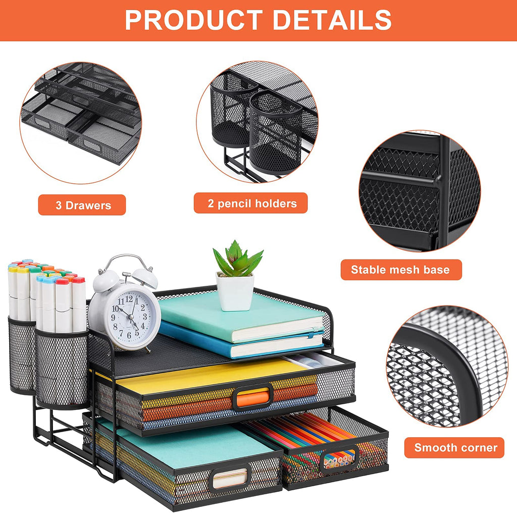 Marbrasse 3 Tier Mesh Desk Organizer with Drawer, Multi-Functional Desk Organizers and Accessories, Paper Letter Organizer with 2 Pen Holder for Home Office Supplies (Black)