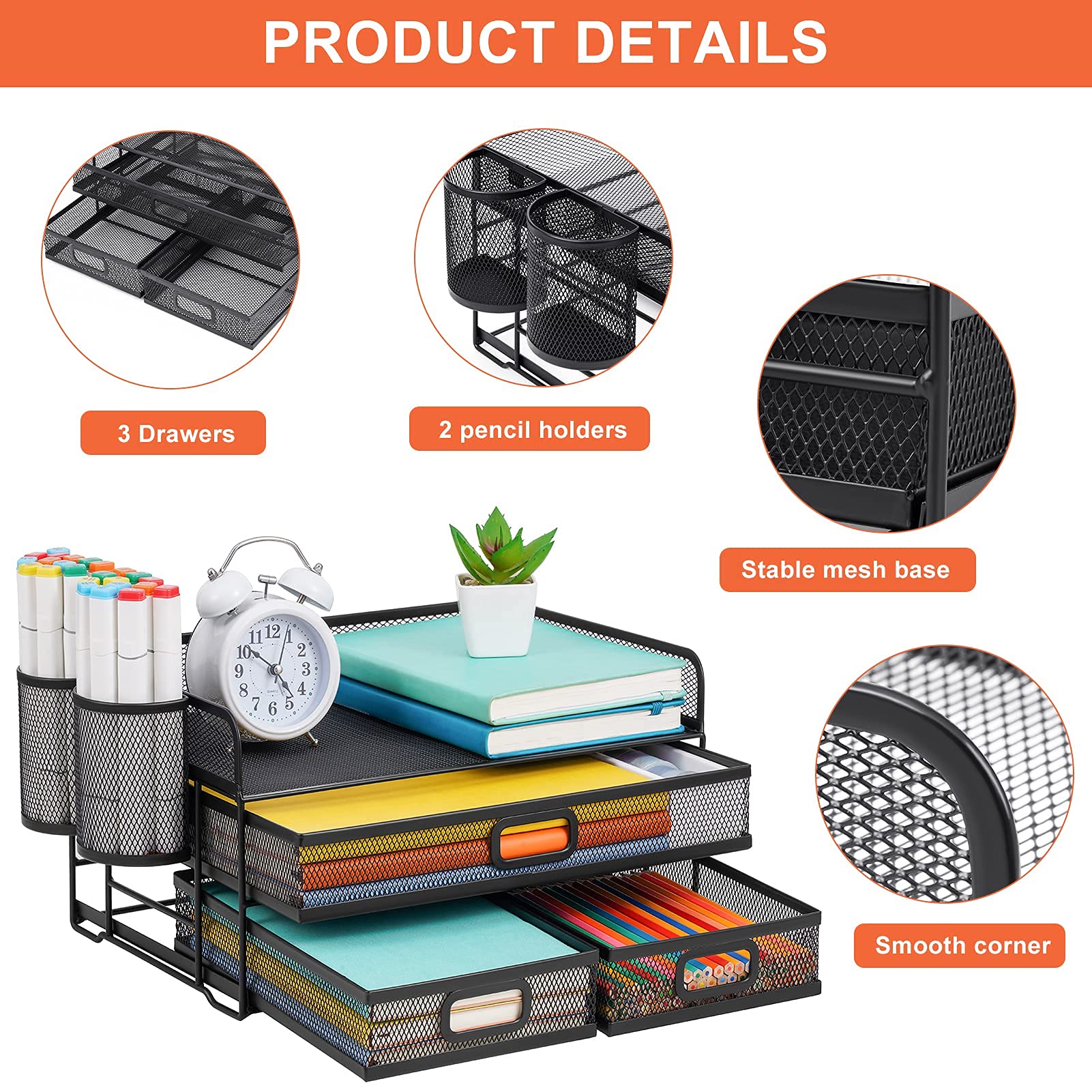 Marbrasse 3 Tier Mesh Desk Organizer with Drawer, Multi-Functional Desk Organizers and Accessories, Paper Letter Organizer with 2 Pen Holder for Home Office Supplies (Black)